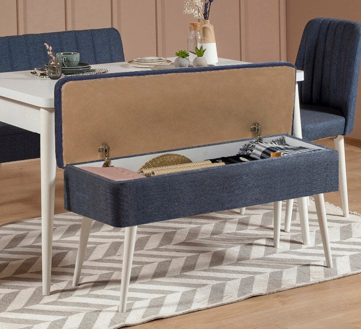 Conjunto de mesa de jantar extensível e cadeiras (5 peças), branco e azul-escuro, 129-163 cm | Painel de partículas 100% revestido de melamina, tecido de linho elegante | Perfeito para salas de jantar modernas