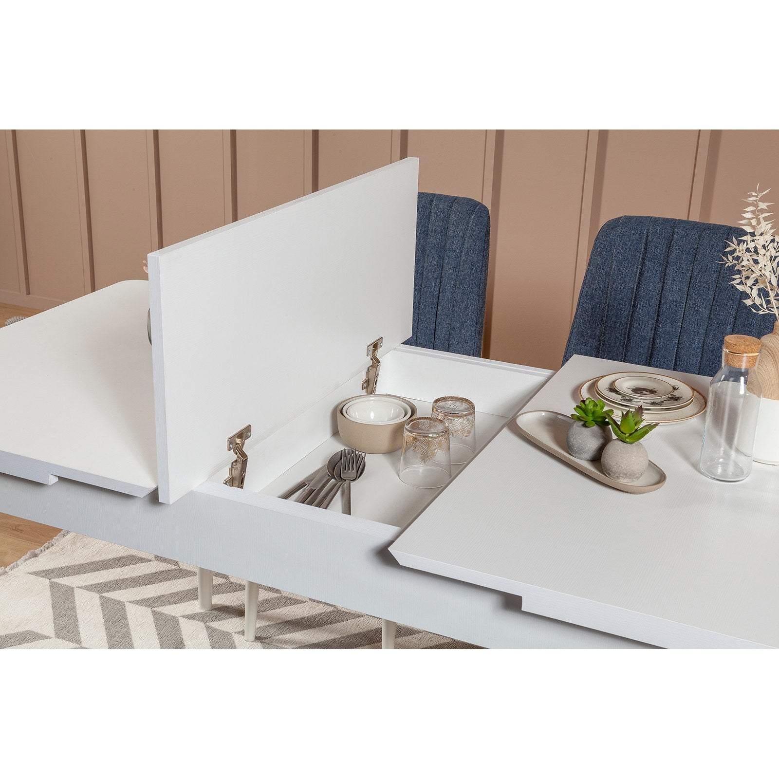 Conjunto de mesa de jantar extensível e cadeiras (5 peças), branco e azul-escuro, 129-163 cm | Painel de partículas 100% revestido de melamina, tecido de linho elegante | Perfeito para salas de jantar modernas