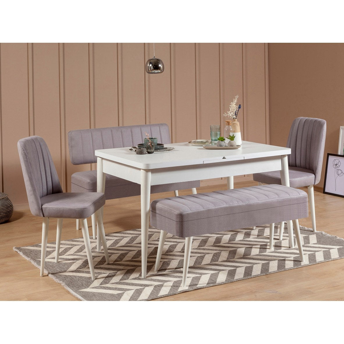 Conjunto de mesa de jantar extensível e cadeiras (5 peças), branco e cinza, 129-163 x 80 x 75 cm | Cadeiras de veludo 100% revestidas em melamina | Elegante e funcional para refeições modernas