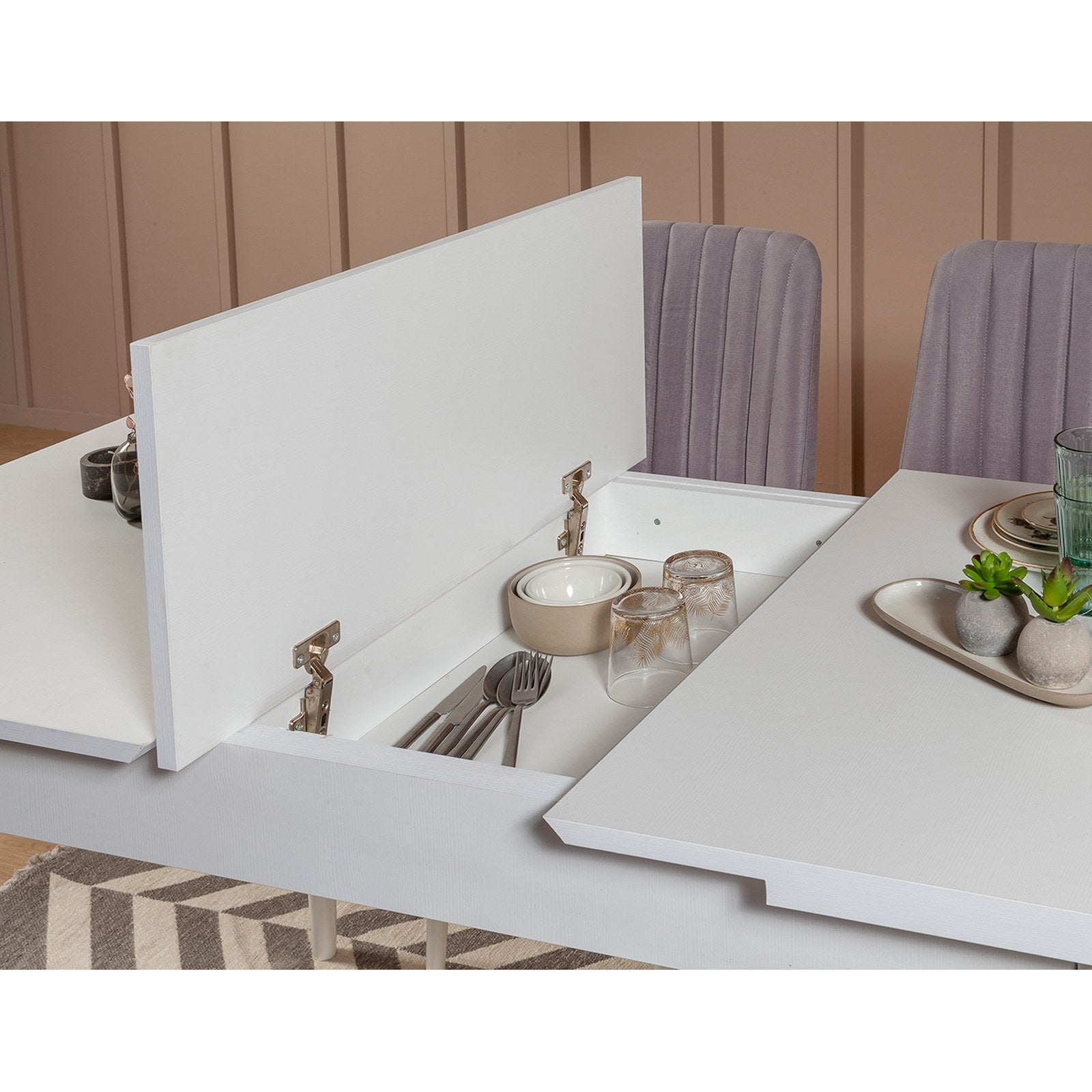 Conjunto de mesa de jantar extensível e cadeiras (5 peças), branco e cinza, 129-163 x 80 x 75 cm | Cadeiras de veludo 100% revestidas em melamina | Elegante e funcional para refeições modernas