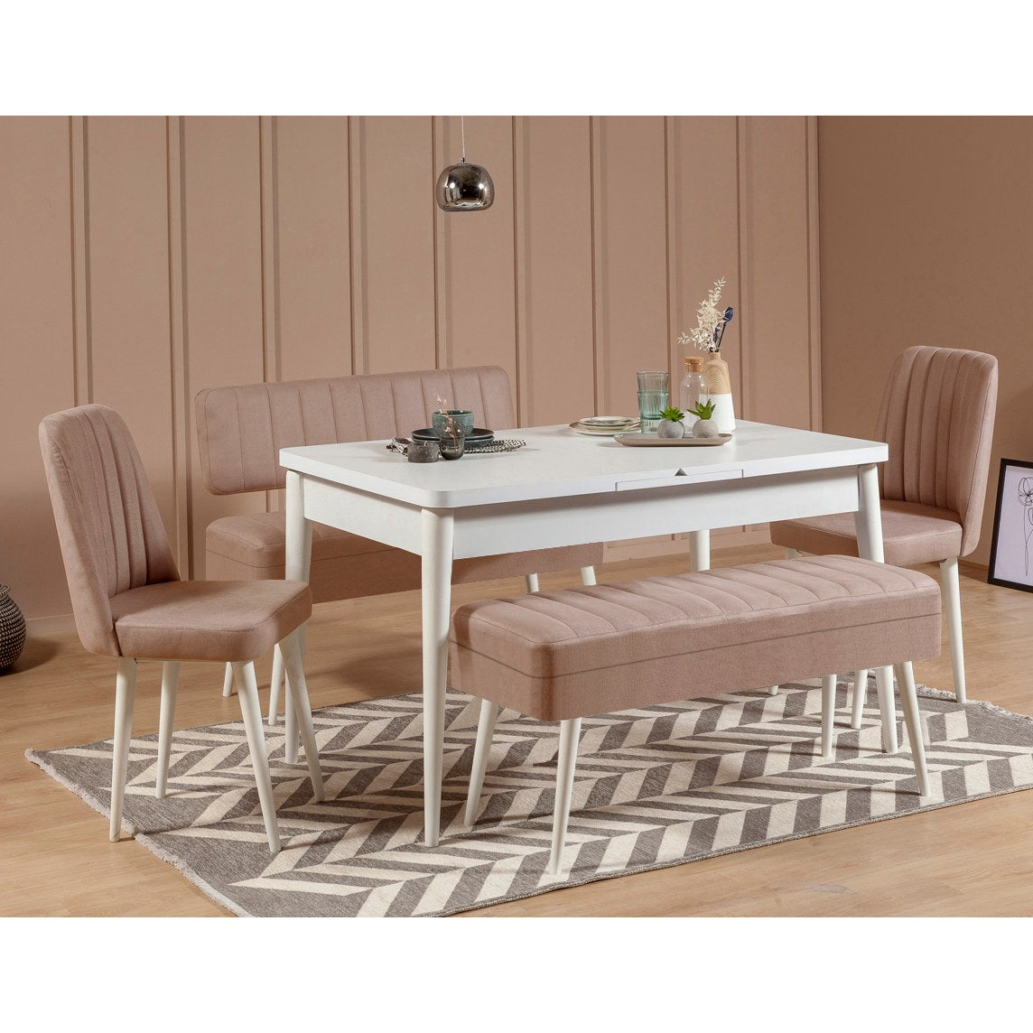 Conjunto de mesa de jantar extensível e cadeiras (5 peças), branco e pedra, 129-163 x 80 x 75 cm | Cadeiras e banco de veludo 100% revestidos em melamina | Elegante e funcional