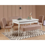 Conjunto de mesa de jantar extensível e cadeiras (5 peças), branco e pedra, 129-163 x 80 x 75 cm | Cadeiras e banco de veludo 100% revestidos em melamina | Elegante e funcional