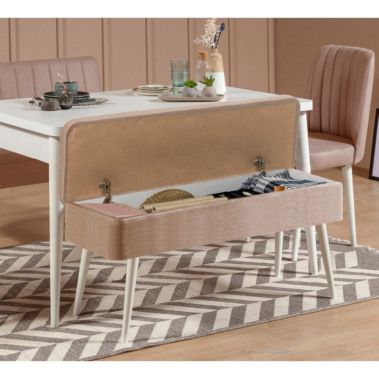 Conjunto de mesa de jantar extensível e cadeiras (5 peças), branco e pedra, 129-163 x 80 x 75 cm | Cadeiras e banco de veludo 100% revestidos em melamina | Elegante e funcional