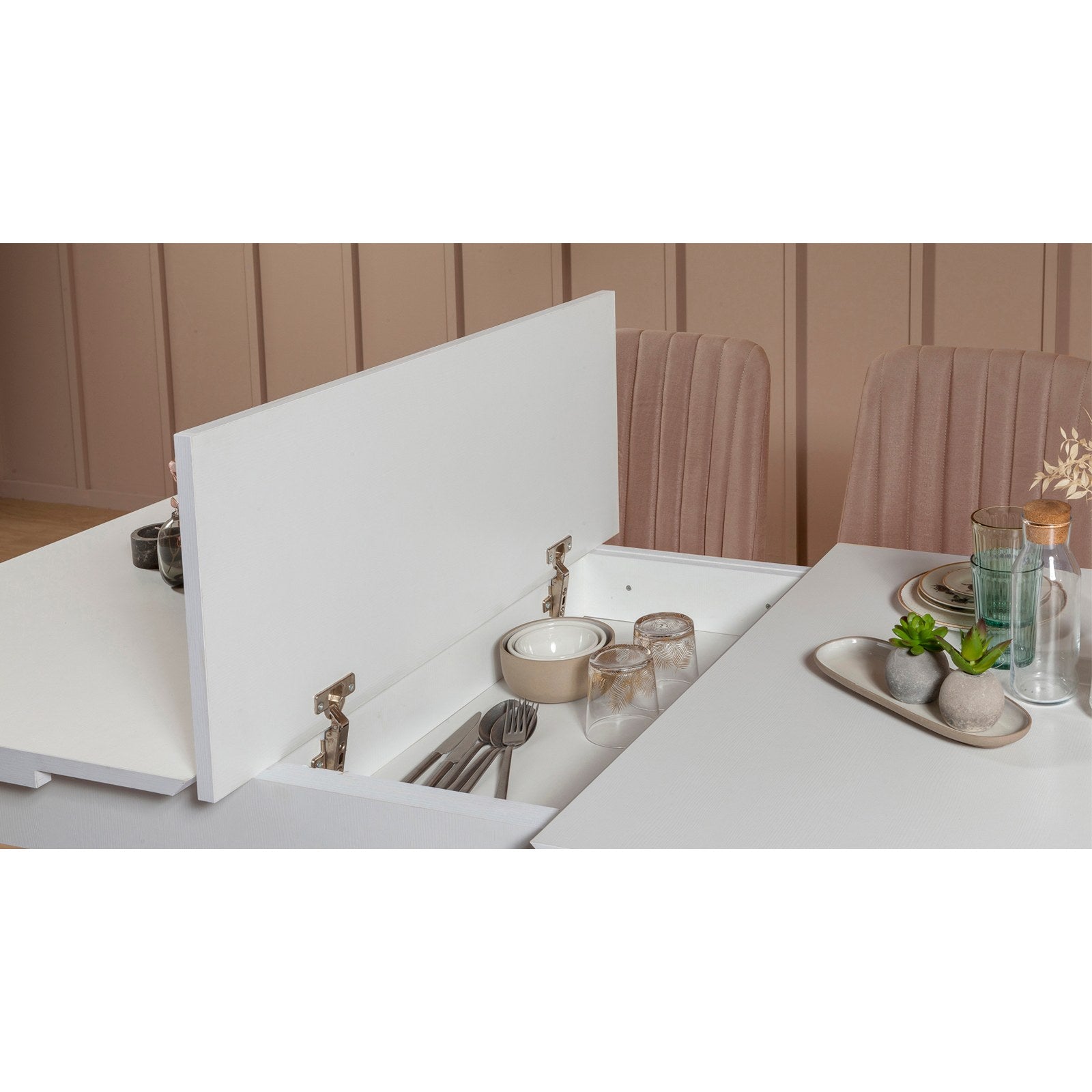 Conjunto de mesa de jantar extensível e cadeiras (5 peças), branco e pedra, 129-163 x 80 x 75 cm | Cadeiras e banco de veludo 100% revestidos em melamina | Elegante e funcional