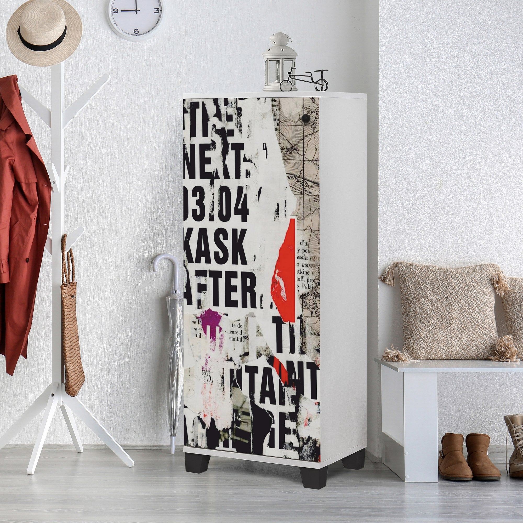 Sapateira moderna, branca, 50 x 127 x 38 cm | Painel de partículas 100% revestido em melamina, 18 mm de espessura | Montável na parede, com várias prateleiras, solução de armazenamento elegante