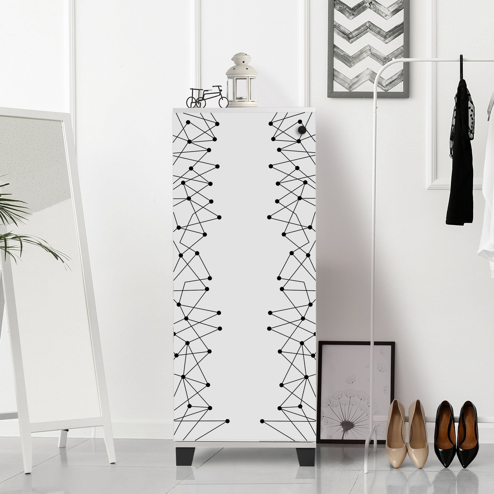 Sapateira moderna, branca e preta, 50 x 127 x 38 cm | 100% revestida em melamina, 18 mm de espessura, montável na parede, várias prateleiras, armazenamento elegante e funcional