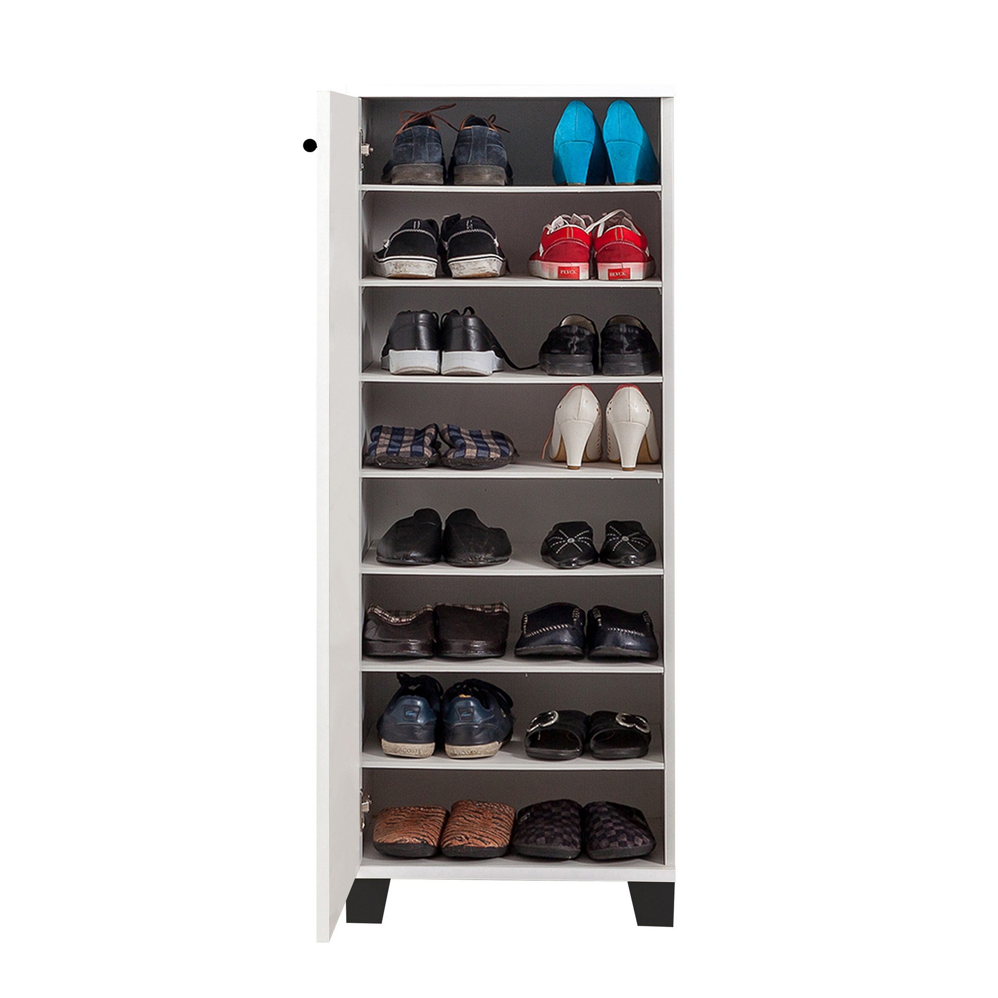 Sapateira moderna, branca e preta, 50 x 127 x 38 cm | 100% revestida em melamina, 18 mm de espessura, montável na parede, várias prateleiras, armazenamento elegante e funcional