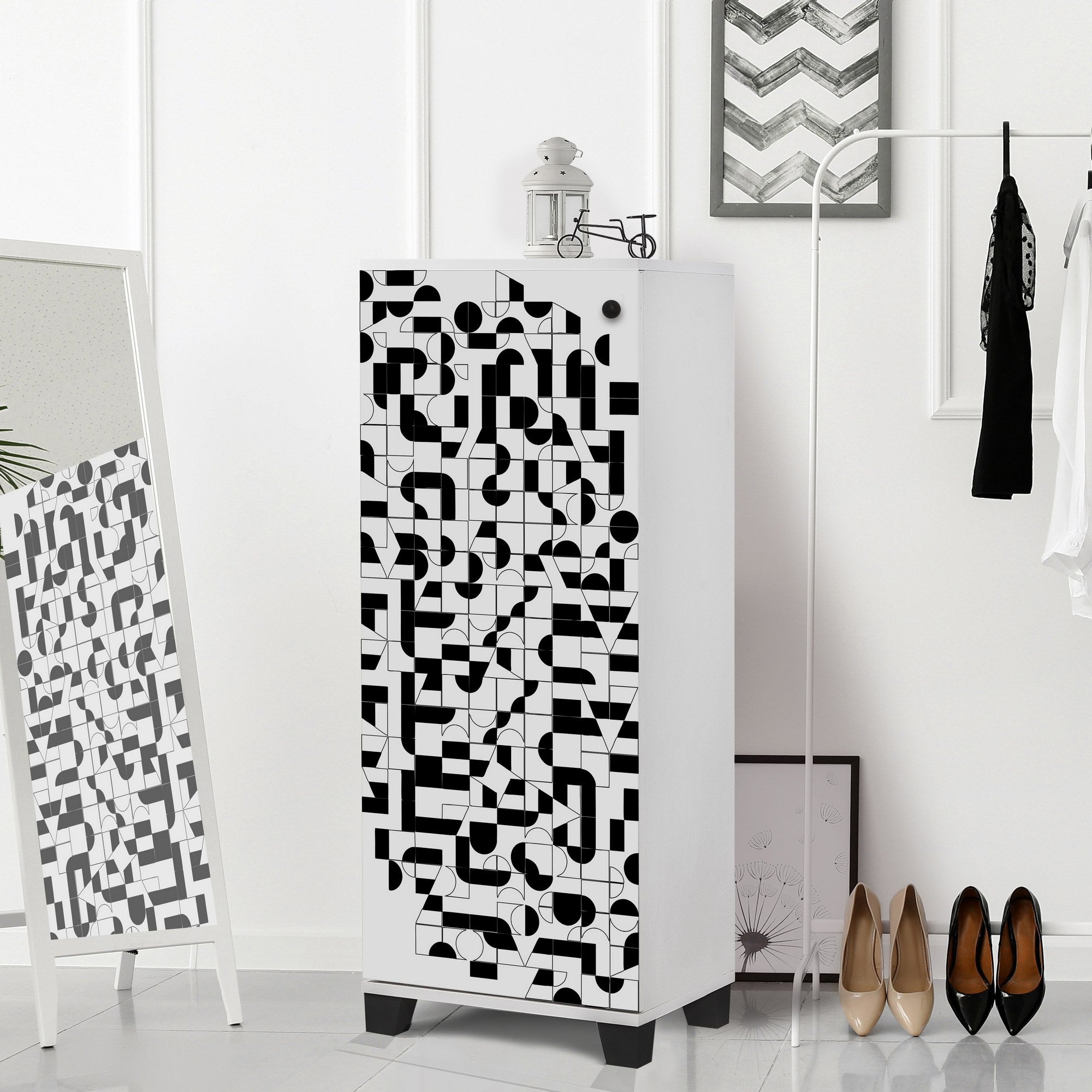 Sapateira moderna, branca e preta, 50 cm x 127 cm x 38 cm | 100% revestida em melamina, 18 mm de espessura, montável na parede, solução de armazenamento elegante