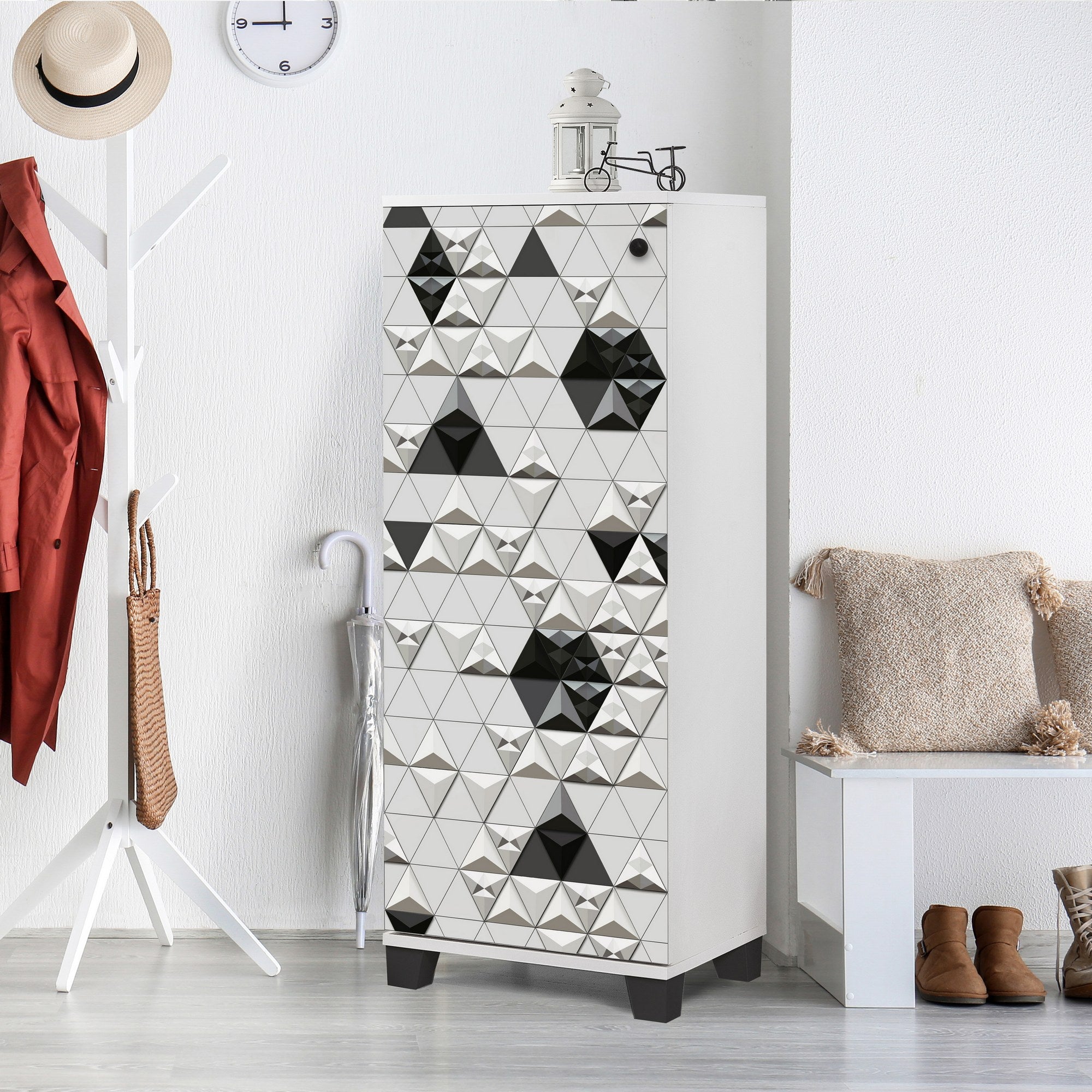 Sapateira moderna, branca e preta, 50 cm x 127 cm x 38 cm | 100% revestida em melamina, 18 mm de espessura, montável na parede, design geométrico elegante, amplo espaço de armazenamento