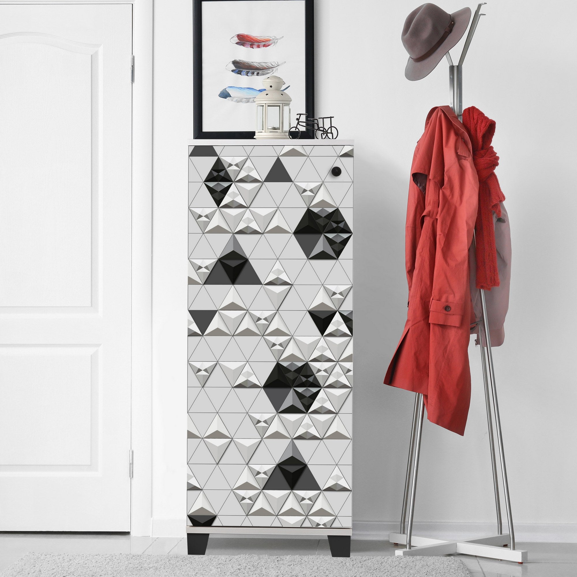 Sapateira moderna, branca e preta, 50 cm x 127 cm x 38 cm | 100% revestida em melamina, 18 mm de espessura, montável na parede, design geométrico elegante, amplo espaço de armazenamento
