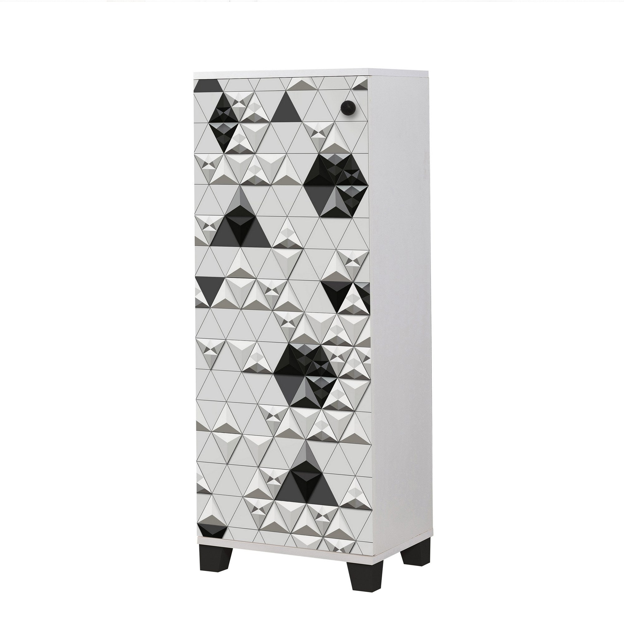 Sapateira moderna, branca e preta, 50 cm x 127 cm x 38 cm | 100% revestida em melamina, 18 mm de espessura, montável na parede, design geométrico elegante, amplo espaço de armazenamento