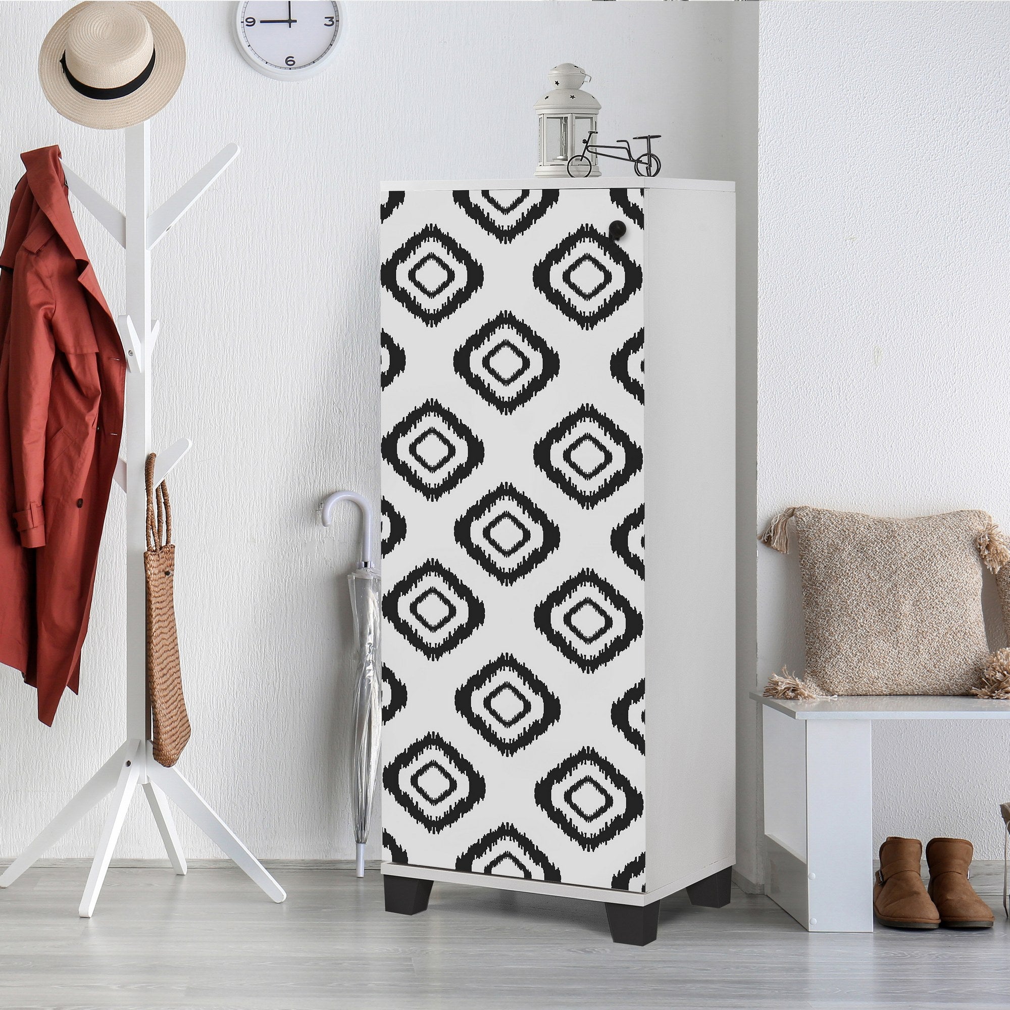 Sapateira tradicional, branca e preta, 50 cm x 127 cm x 38 cm | 100% revestida em melamina, 18 mm de espessura, montável na parede, várias prateleiras, solução de armazenamento elegante