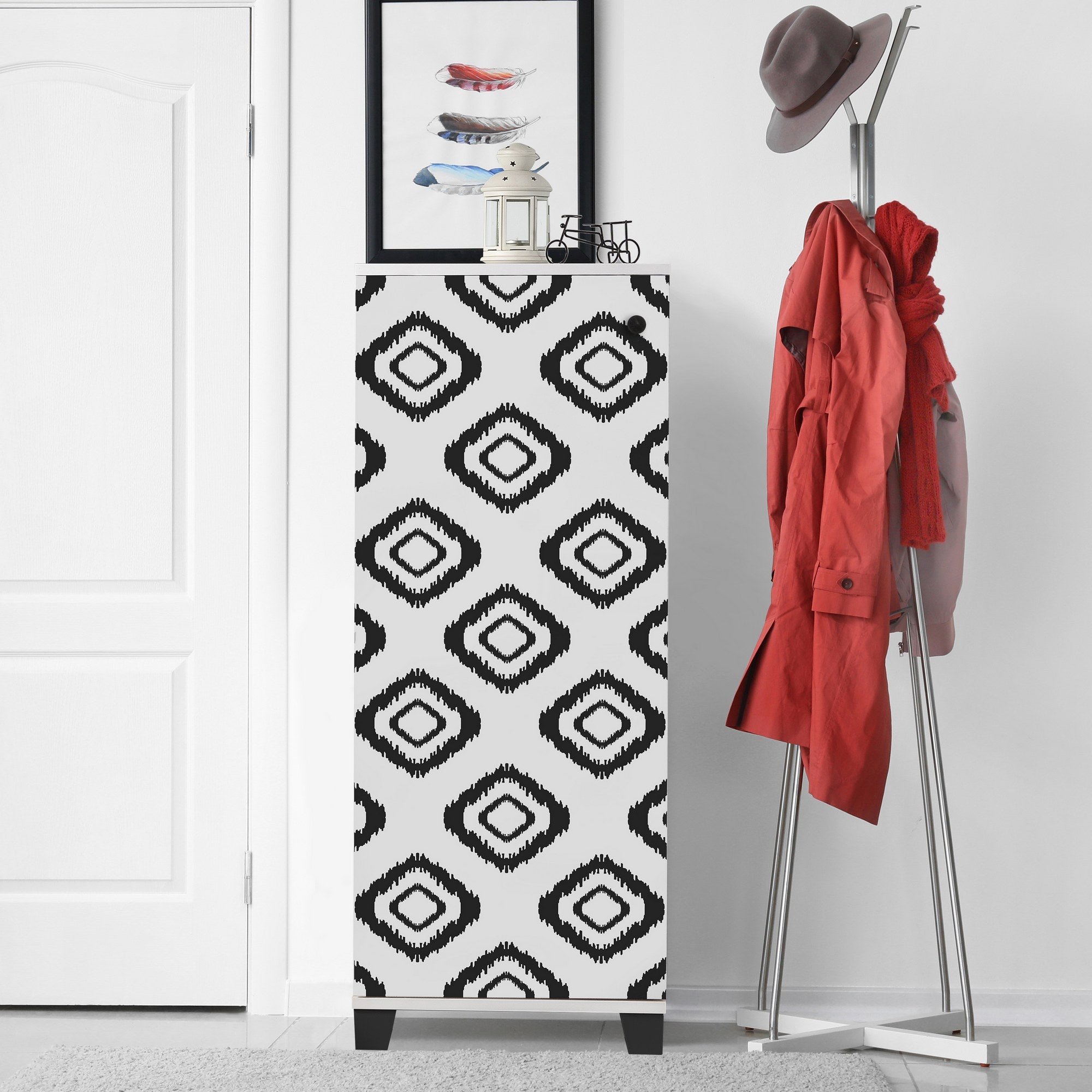 Sapateira tradicional, branca e preta, 50 cm x 127 cm x 38 cm | 100% revestida em melamina, 18 mm de espessura, montável na parede, várias prateleiras, solução de armazenamento elegante