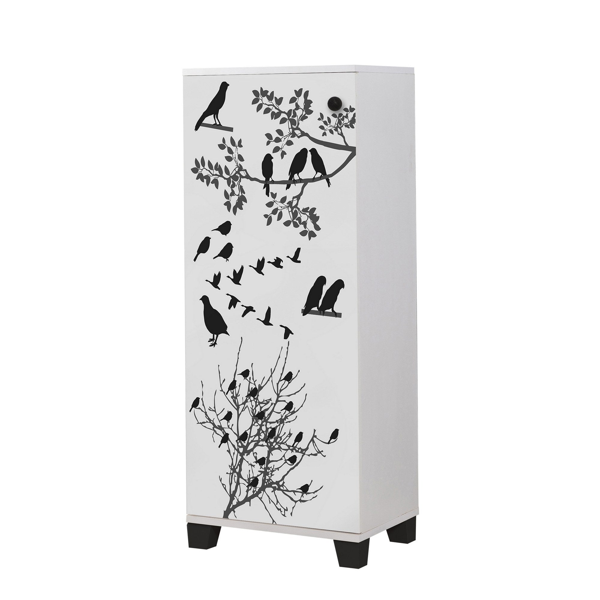 Sapateira estilosa, branca e preta, 50 cm x 127 cm x 38 cm | 100% revestida em melamina, 18 mm de espessura, montável na parede, com várias prateleiras | Ideal para casas modernas