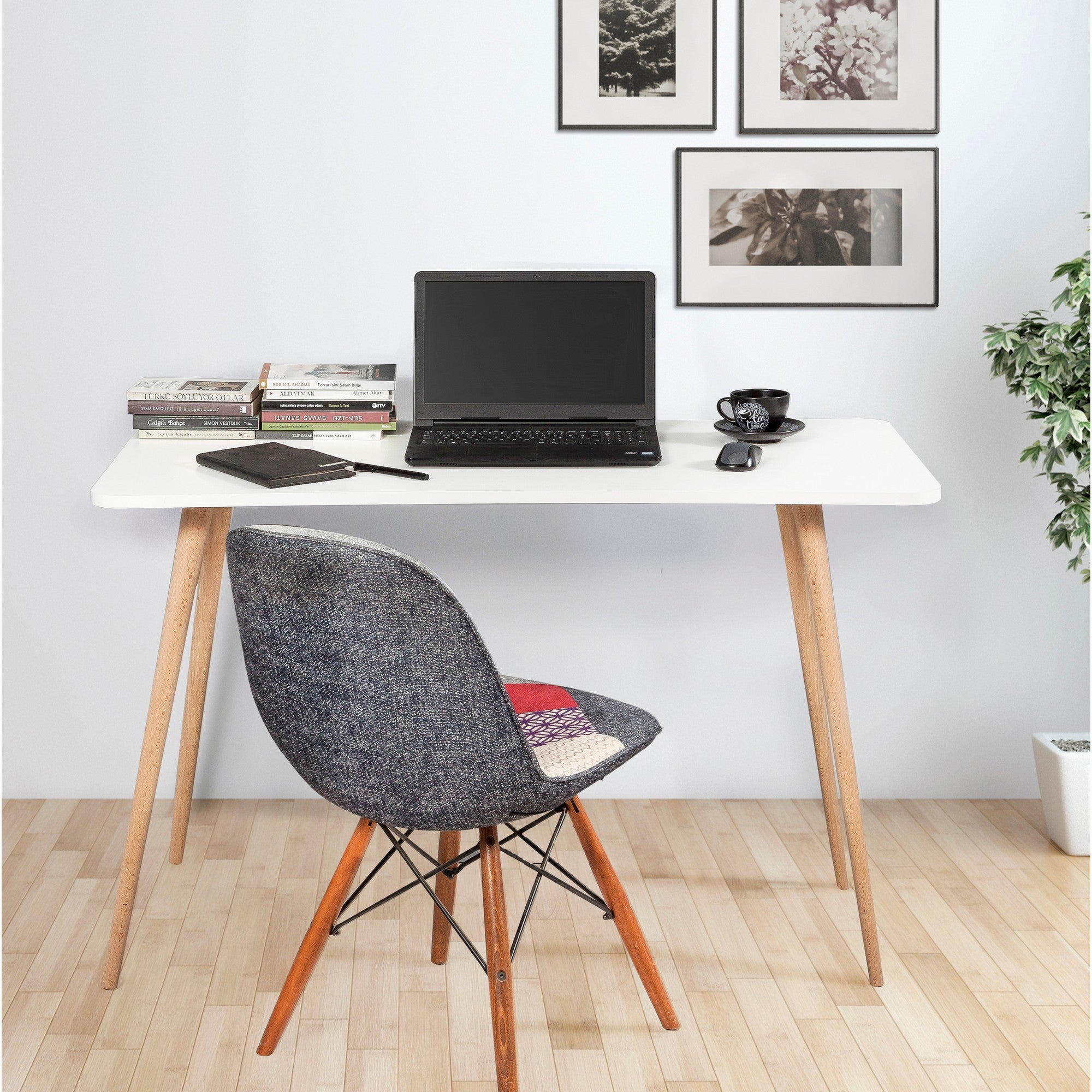 Secretária de Estudo/Escritório Escandinava, Branca, 120 x 60 x 77 cm | Painel de Partículas 100% Revestido em Melamina, 18 mm | Pés de Madeira, Várias Prateleiras, Fixável no Chão, Elegante e Funcional