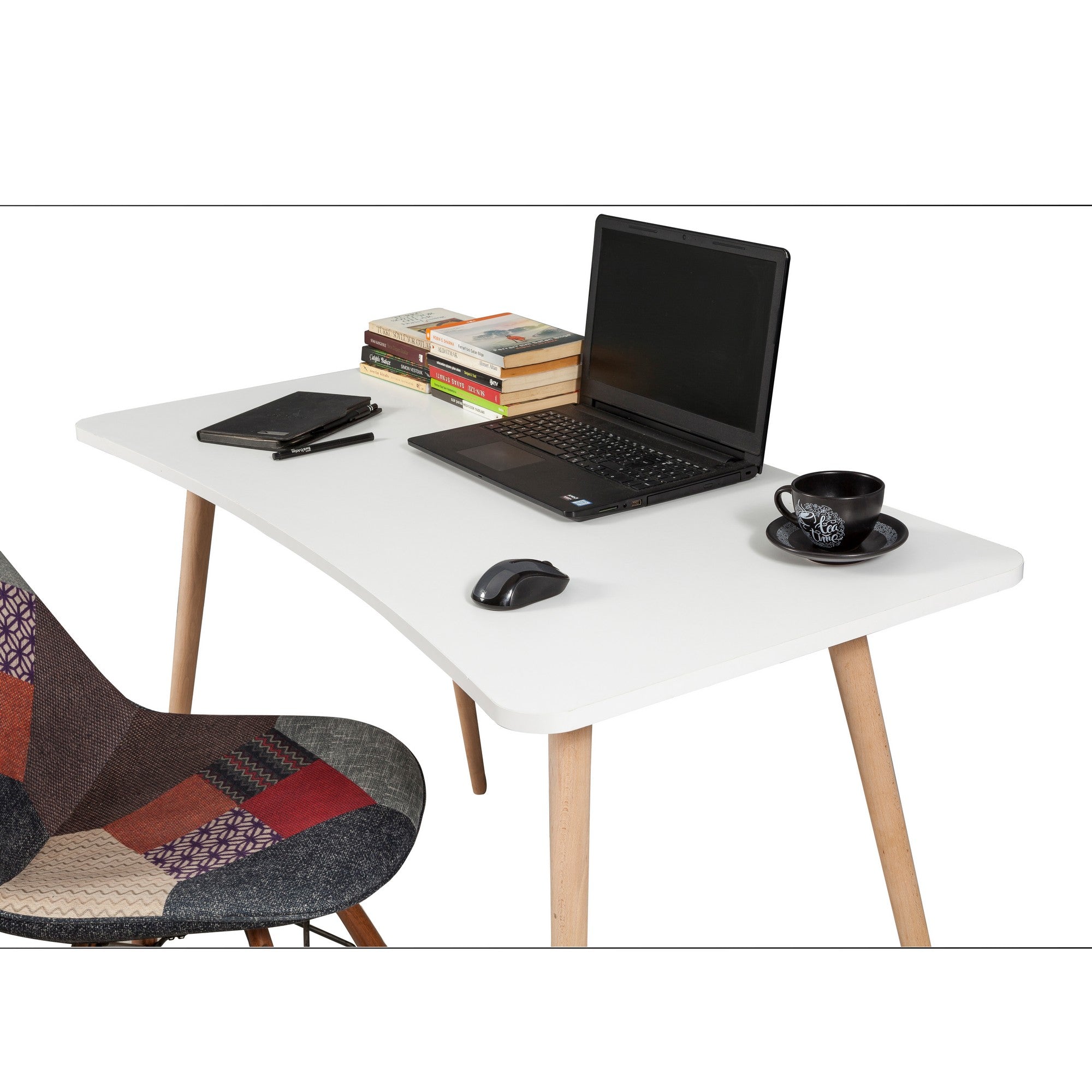 Secretária de Estudo/Escritório Escandinava, Branca, 120 x 60 x 77 cm | Painel de Partículas 100% Revestido em Melamina, 18 mm | Pés de Madeira, Várias Prateleiras, Fixável no Chão, Elegante e Funcional