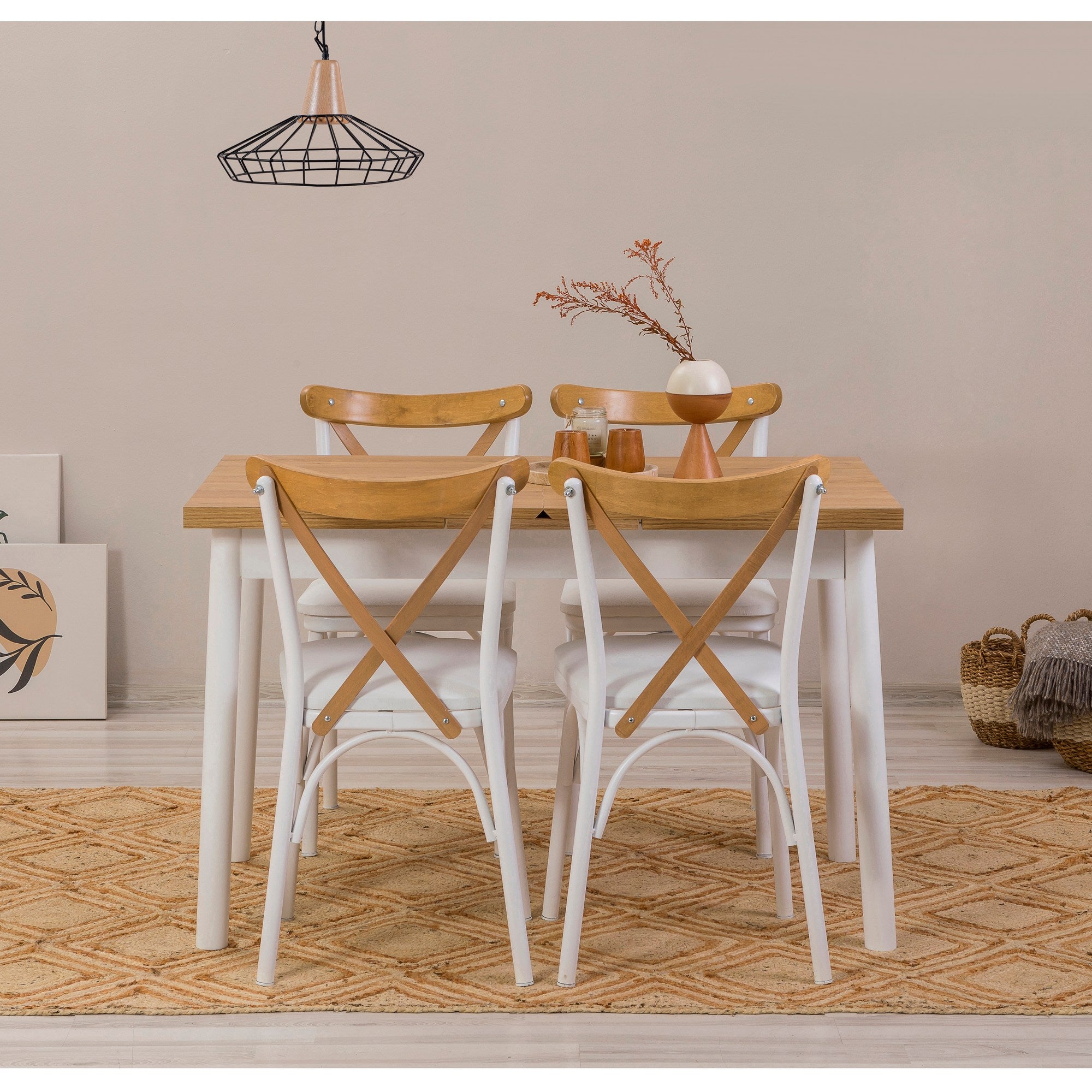 Conjunto de mesa de jantar extensível e cadeiras (5 peças), branco, 120-153 x 75 x 77 cm | Cadeiras 100% revestidas em melamina, couro sintético, pernas elegantes em madeira de faia