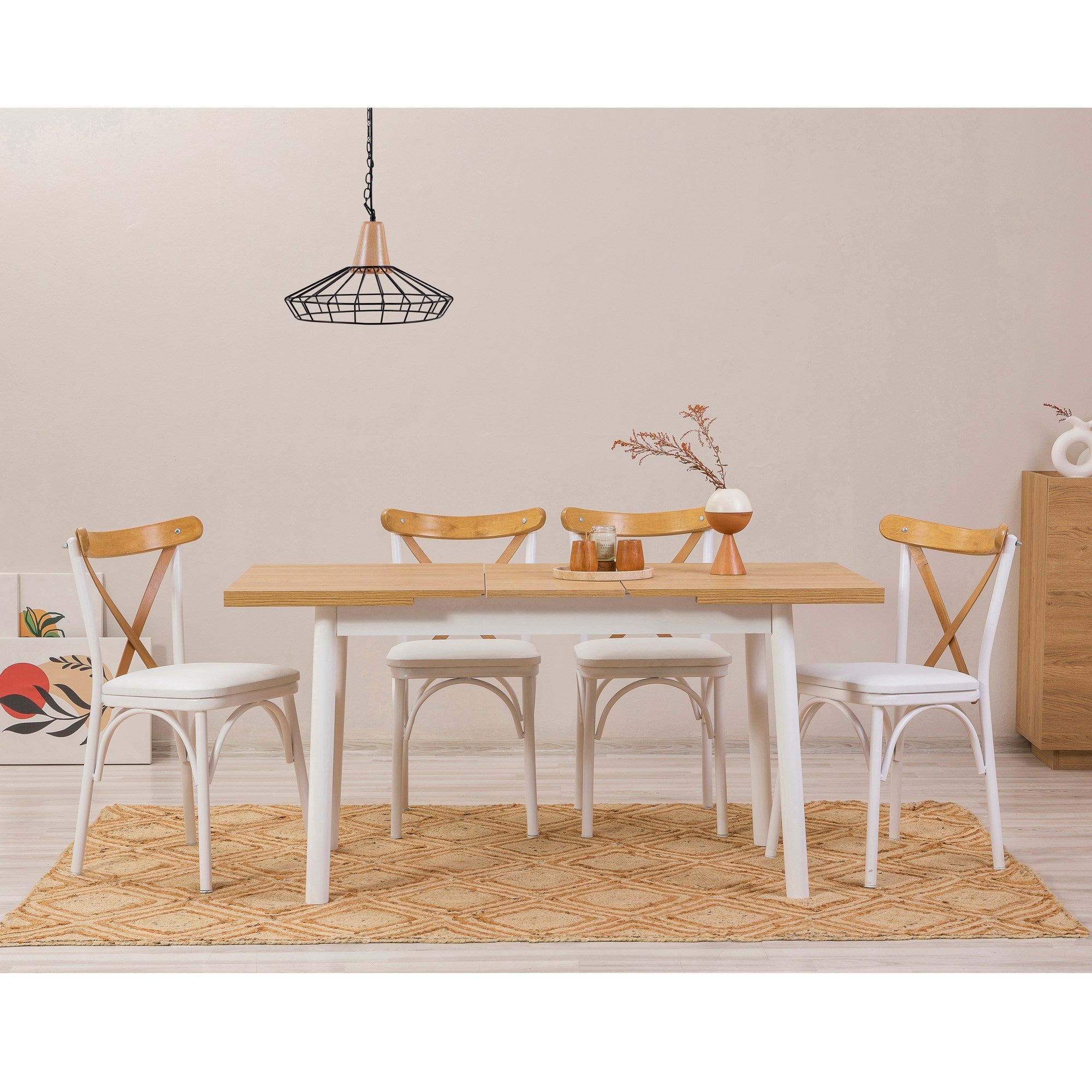 Conjunto de mesa de jantar extensível e cadeiras (5 peças), branco, 120-153 x 75 x 77 cm | Cadeiras 100% revestidas em melamina, couro sintético, pernas elegantes em madeira de faia