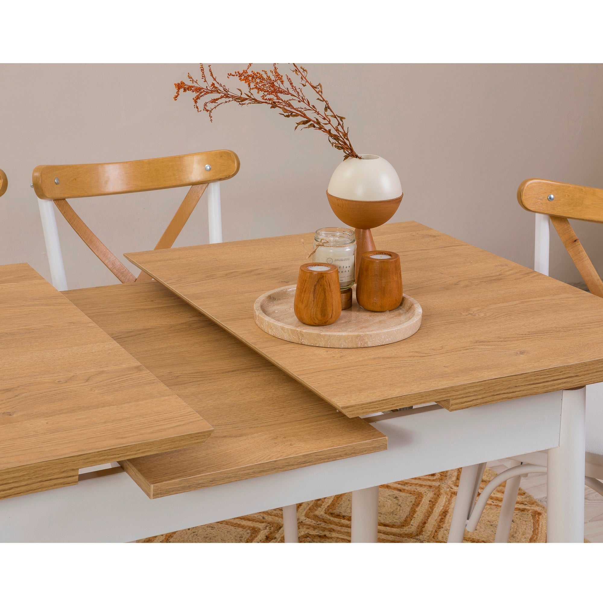 Conjunto de mesa de jantar extensível e cadeiras (5 peças), branco, 120-153 x 75 x 77 cm | Cadeiras 100% revestidas em melamina, couro sintético, pernas elegantes em madeira de faia