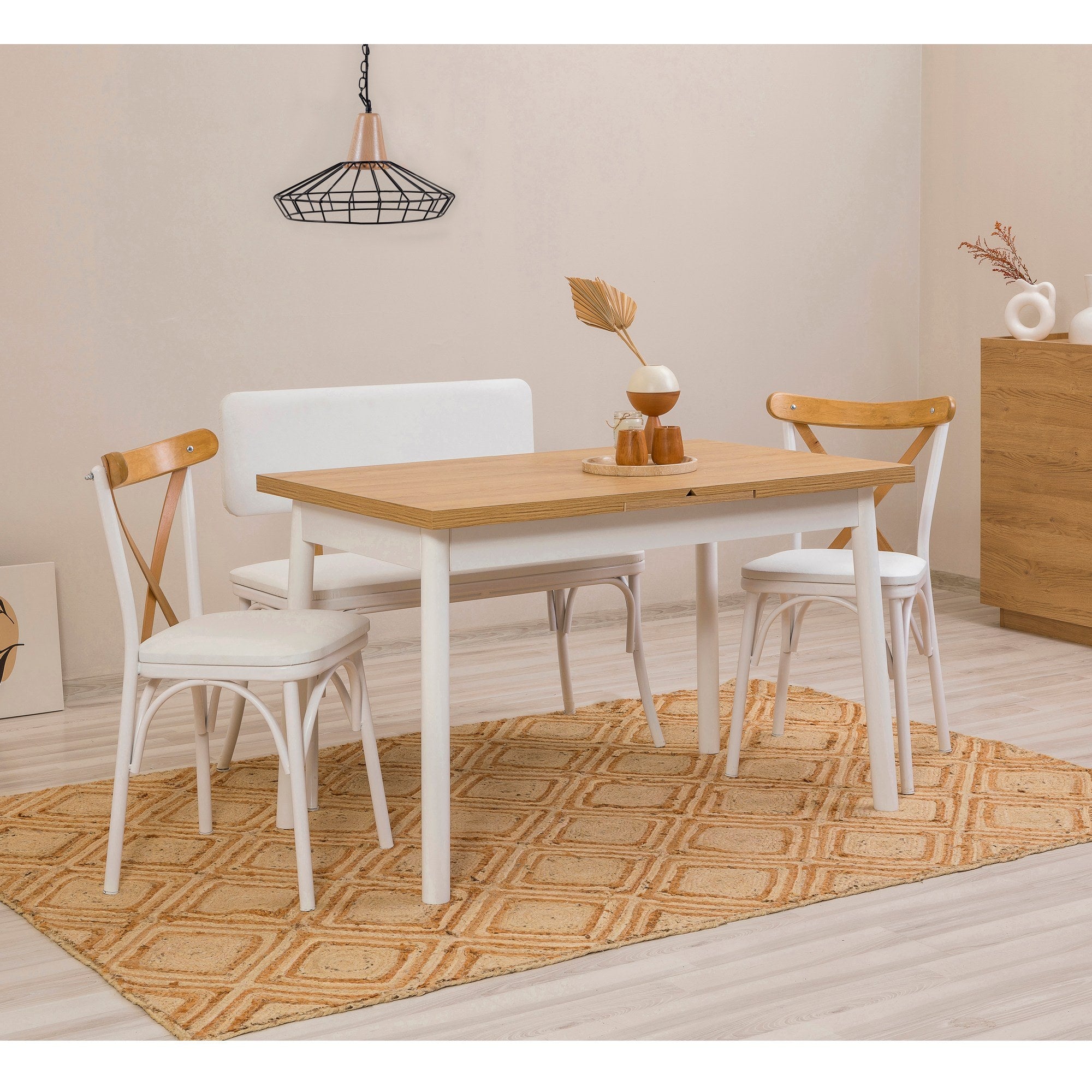 Conjunto de mesa de jantar extensível e cadeiras (4 peças), branco, 120-153 x 75 x 77 cm | 100% revestido em melamina, tecido couro sintético, pernas de madeira de faia | Elegante e funcional para espaços de jantar modernos