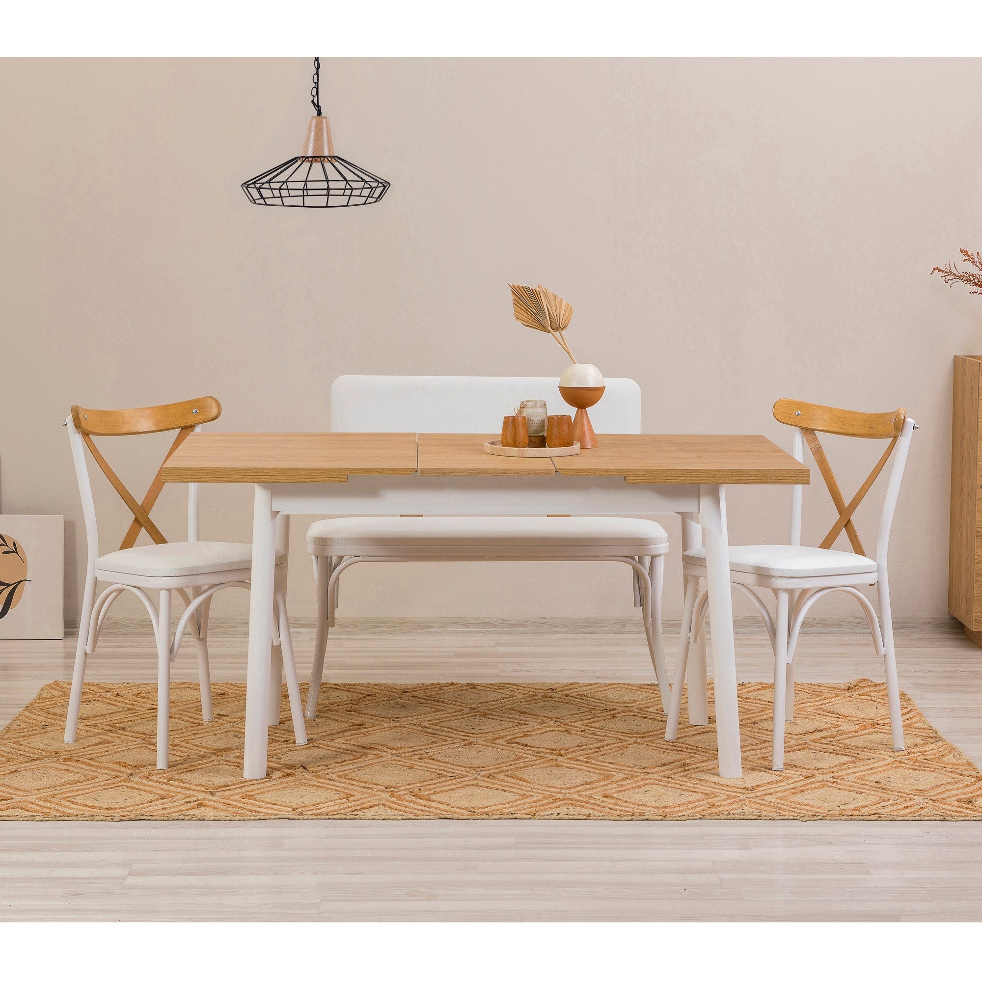 Conjunto de mesa de jantar extensível e cadeiras (4 peças), branco, 120-153 x 75 x 77 cm | 100% revestido em melamina, tecido couro sintético, pernas de madeira de faia | Elegante e funcional para espaços de jantar modernos