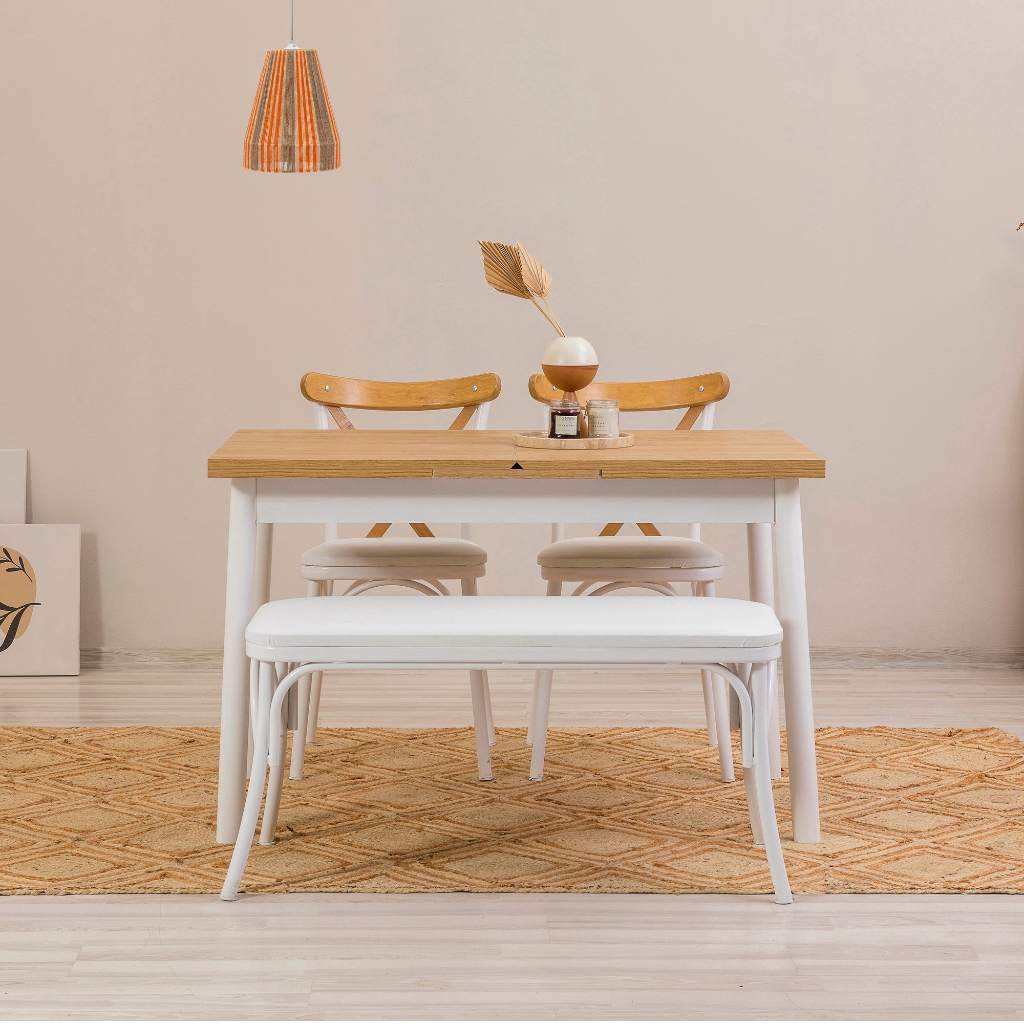 Conjunto de mesa de jantar extensível e cadeiras (4 peças), branco, 120-153 x 75 x 77 cm | Cadeiras 100% revestidas em melamina, couro sintético, pernas de madeira de faia | Elegante e funcional para refeições modernas
