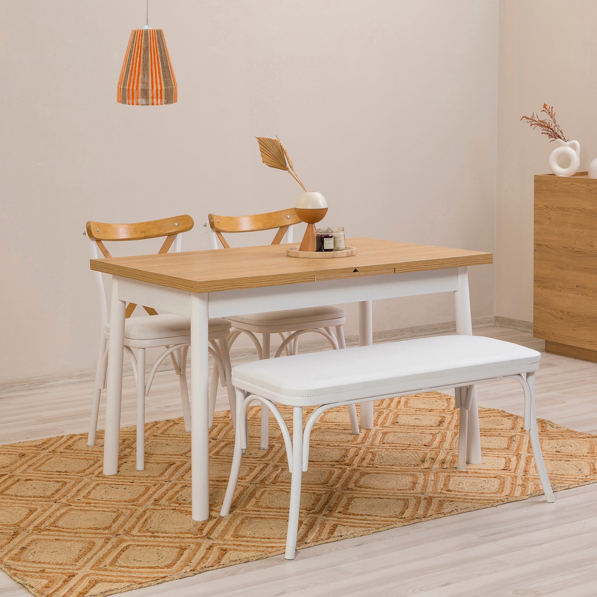 Conjunto de mesa de jantar extensível e cadeiras (4 peças), branco, 120-153 x 75 x 77 cm | Cadeiras 100% revestidas em melamina, couro sintético, pernas de madeira de faia | Elegante e funcional para refeições modernas