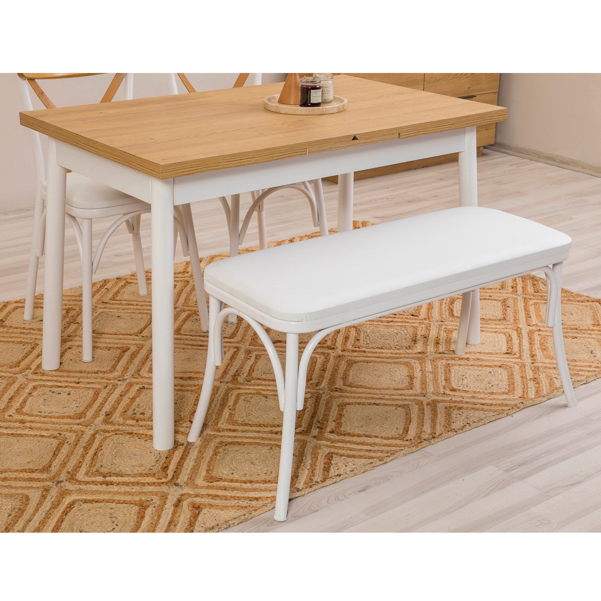 Conjunto de mesa de jantar extensível e cadeiras (4 peças), branco, 120-153 x 75 x 77 cm | Cadeiras 100% revestidas em melamina, couro sintético, pernas de madeira de faia | Elegante e funcional para refeições modernas