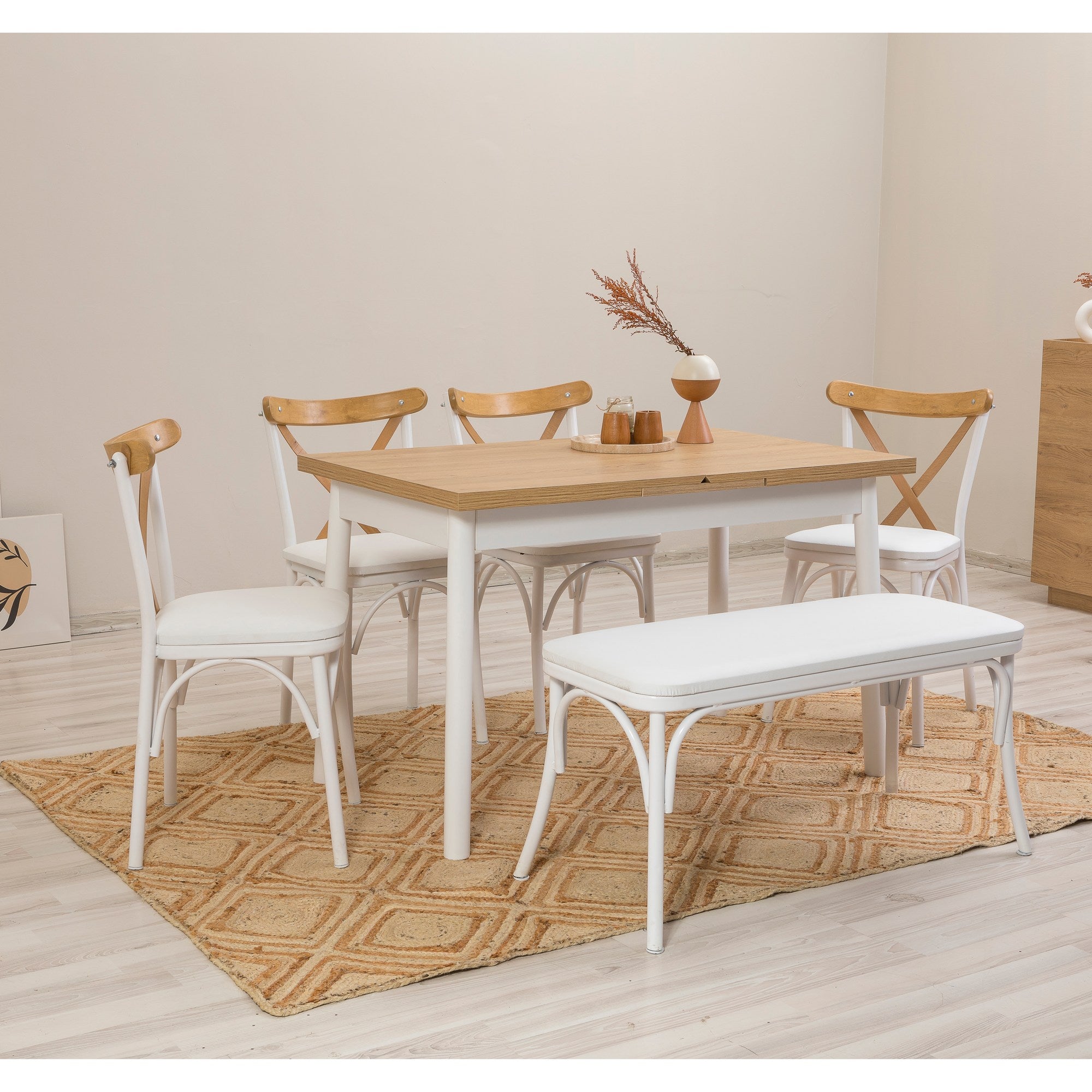 Conjunto de mesa de jantar extensível e cadeiras (6 peças), branco, 120-153 x 75 x 77 cm | Cadeiras 100% revestidas em melamina, couro sintético, pernas elegantes em madeira de faia