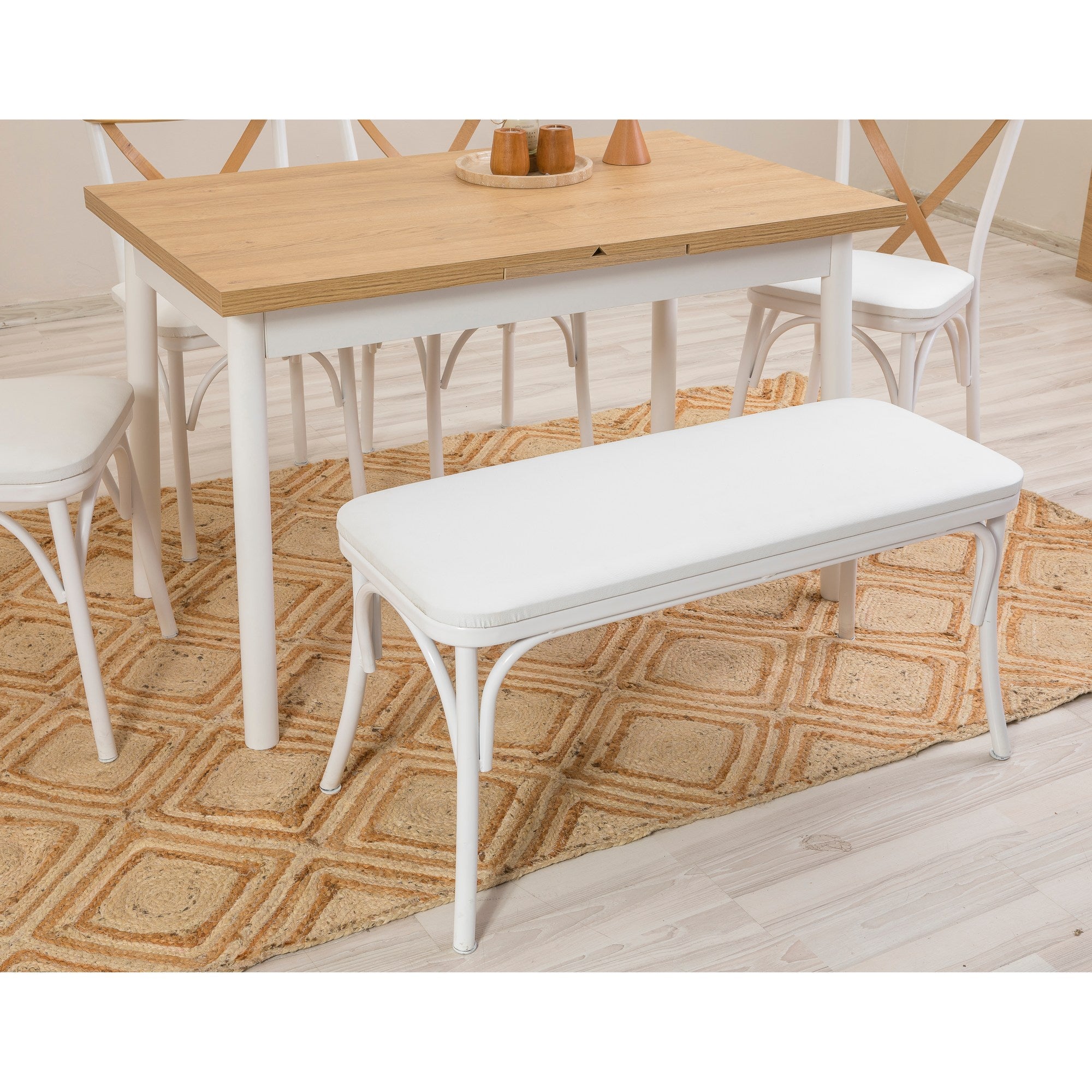 Conjunto de mesa de jantar extensível e cadeiras (6 peças), branco, 120-153 x 75 x 77 cm | Cadeiras 100% revestidas em melamina, couro sintético, pernas elegantes em madeira de faia