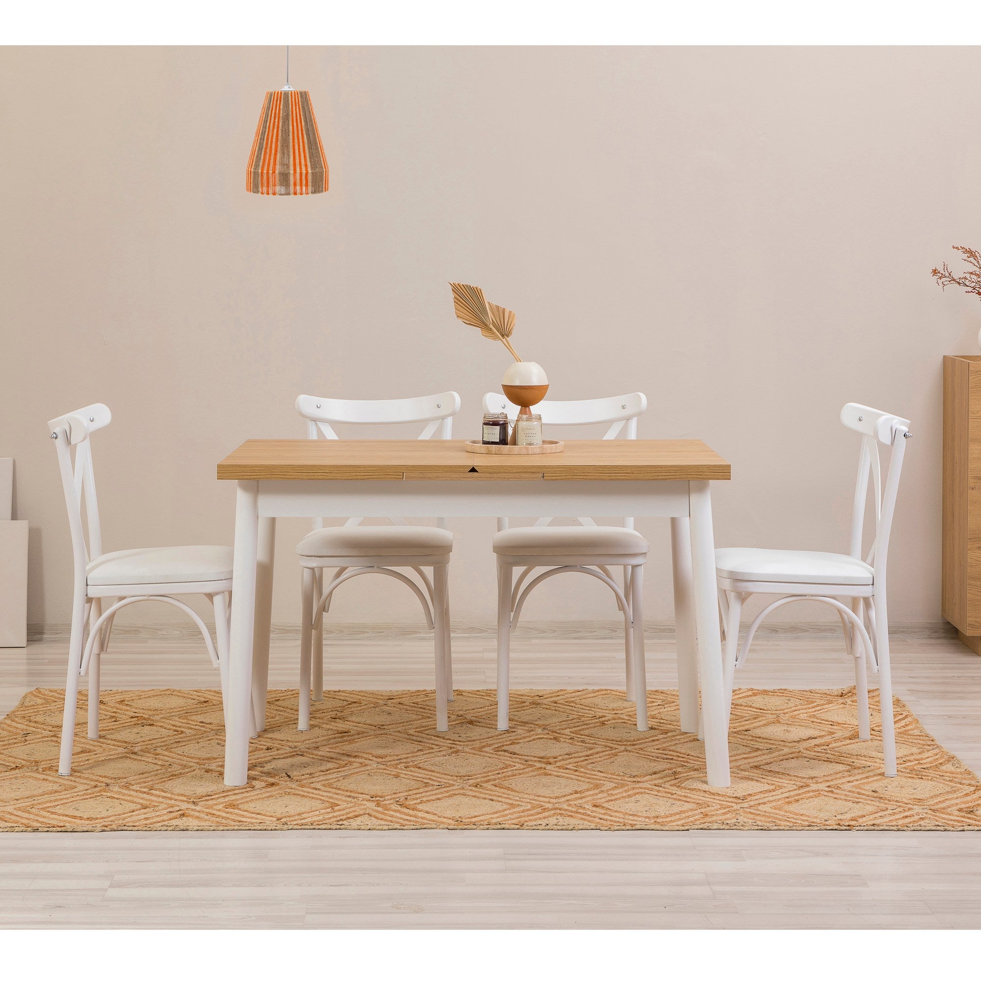 Conjunto de mesa de jantar extensível e cadeiras (5 peças), branco, 120-153 x 75 x 77 cm | Cadeiras 100% revestidas em melamina, couro sintético, pernas elegantes em madeira de faia
