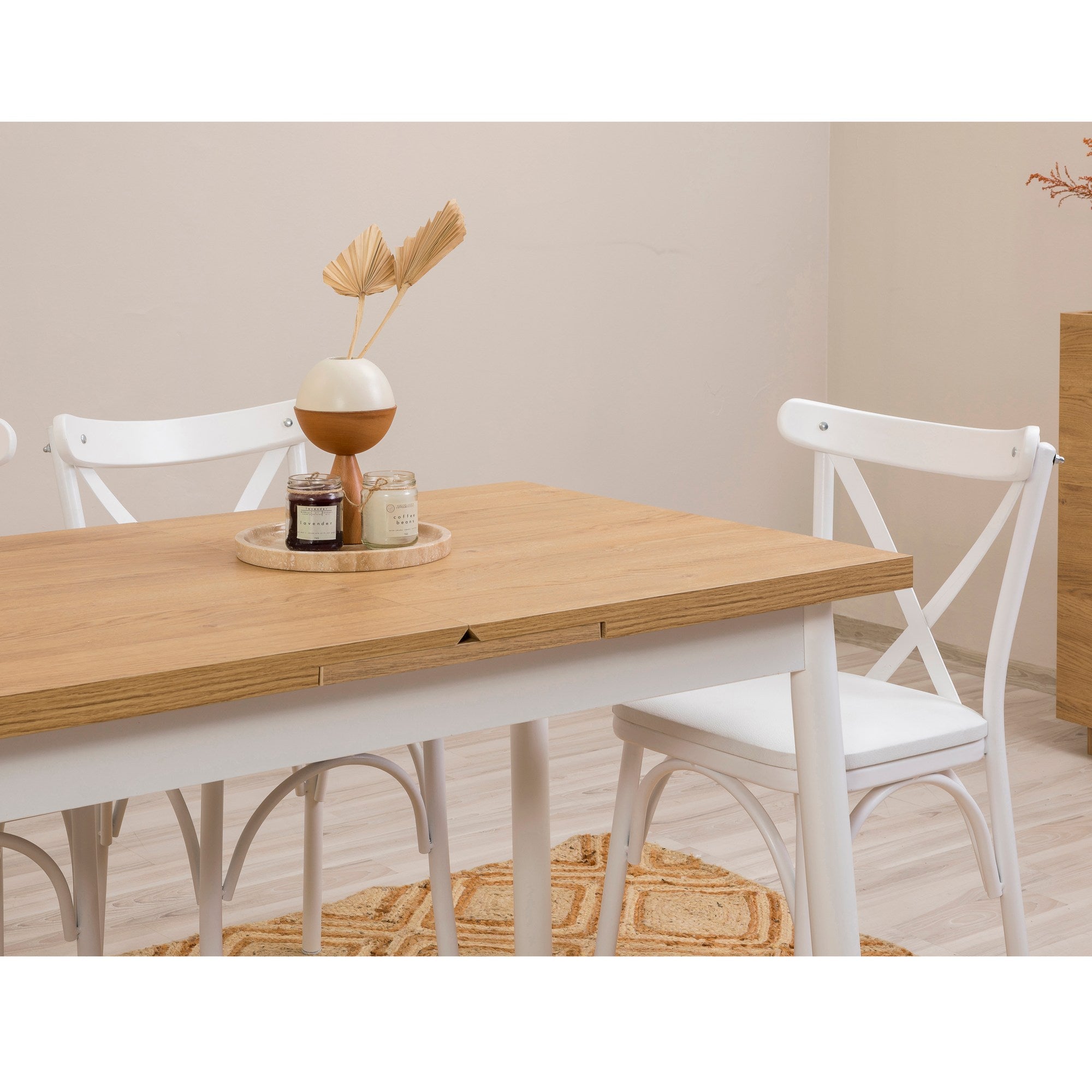 Conjunto de mesa de jantar extensível e cadeiras (5 peças), branco, 120-153 x 75 x 77 cm | Cadeiras 100% revestidas em melamina, couro sintético, pernas elegantes em madeira de faia