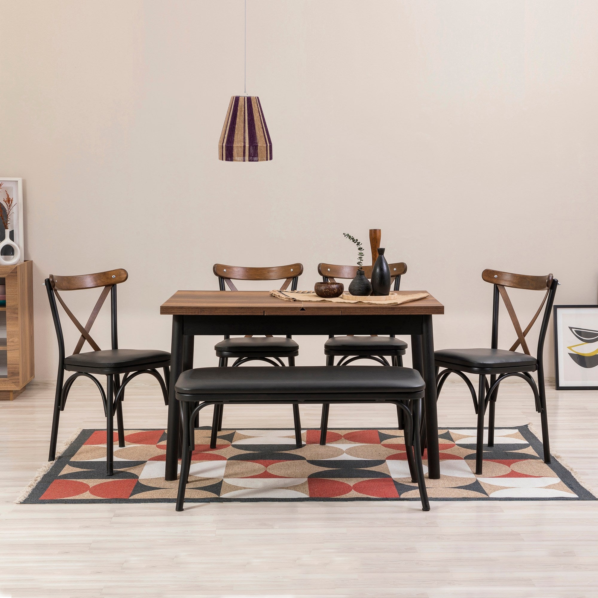 Conjunto de mesa de jantar extensível e cadeiras (6 peças), preto, 120-153 x 75 x 77 cm | 100% revestido em melamina, tecido couro sintético, pernas de madeira de faia | Elegante e funcional para refeições modernas