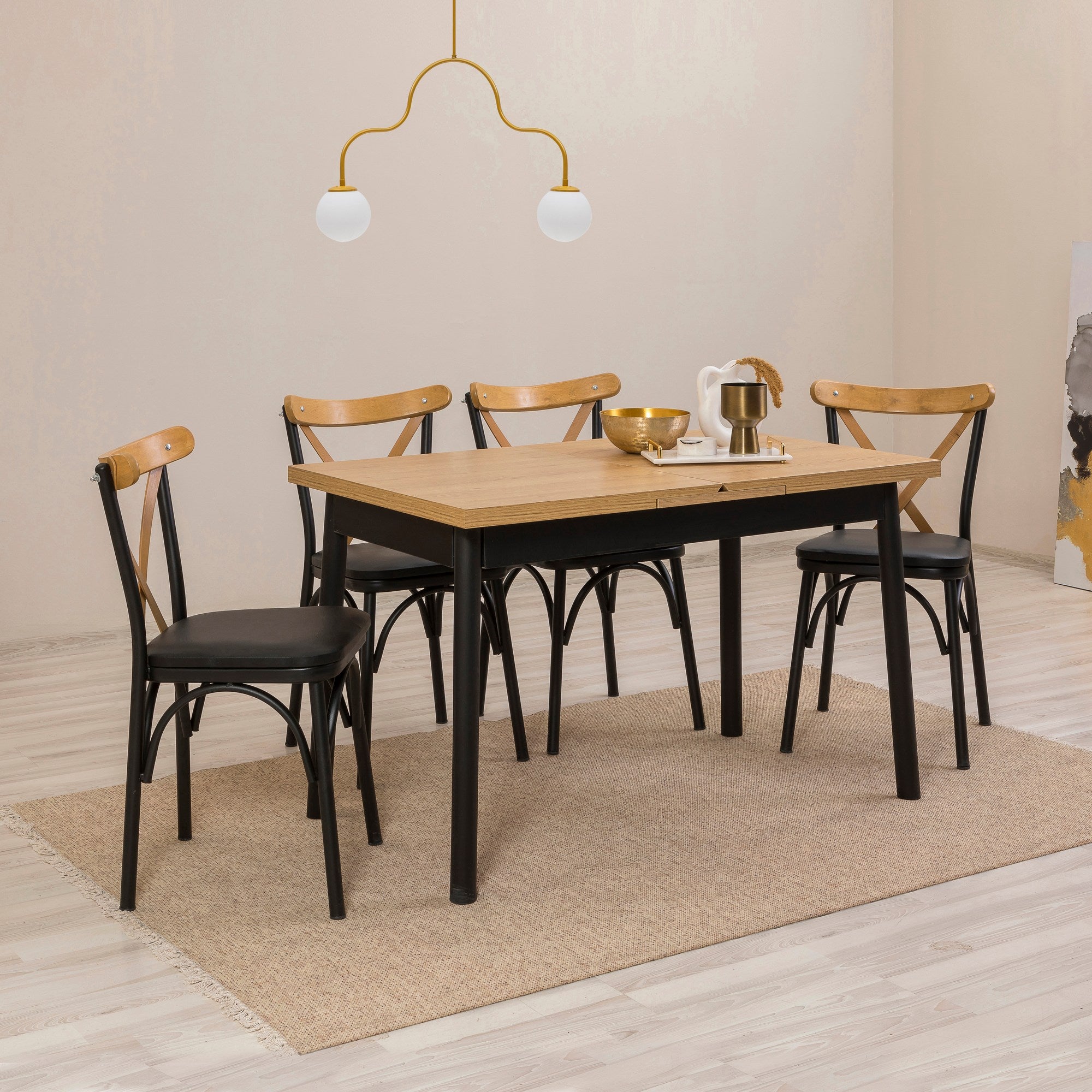 Conjunto de mesa de jantar extensível e cadeiras (5 peças), preto, 120-153 x 75 x 77 cm | 100% revestido em melamina, tecido couro sintético, pernas de madeira de faia | Elegante e funcional para espaços de jantar modernos