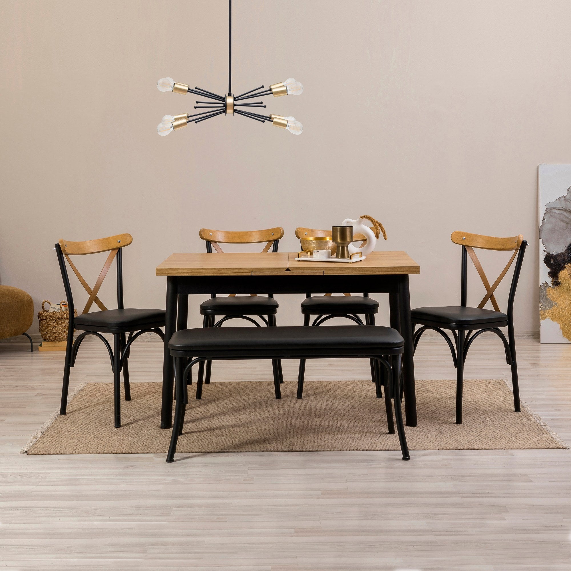 Conjunto de mesa de jantar extensível e cadeiras (6 peças), preto, 120-153 x 75 x 77 cm | 100% revestido em melamina, tecido couro sintético, pernas de madeira de faia | Elegante e funcional para refeições modernas