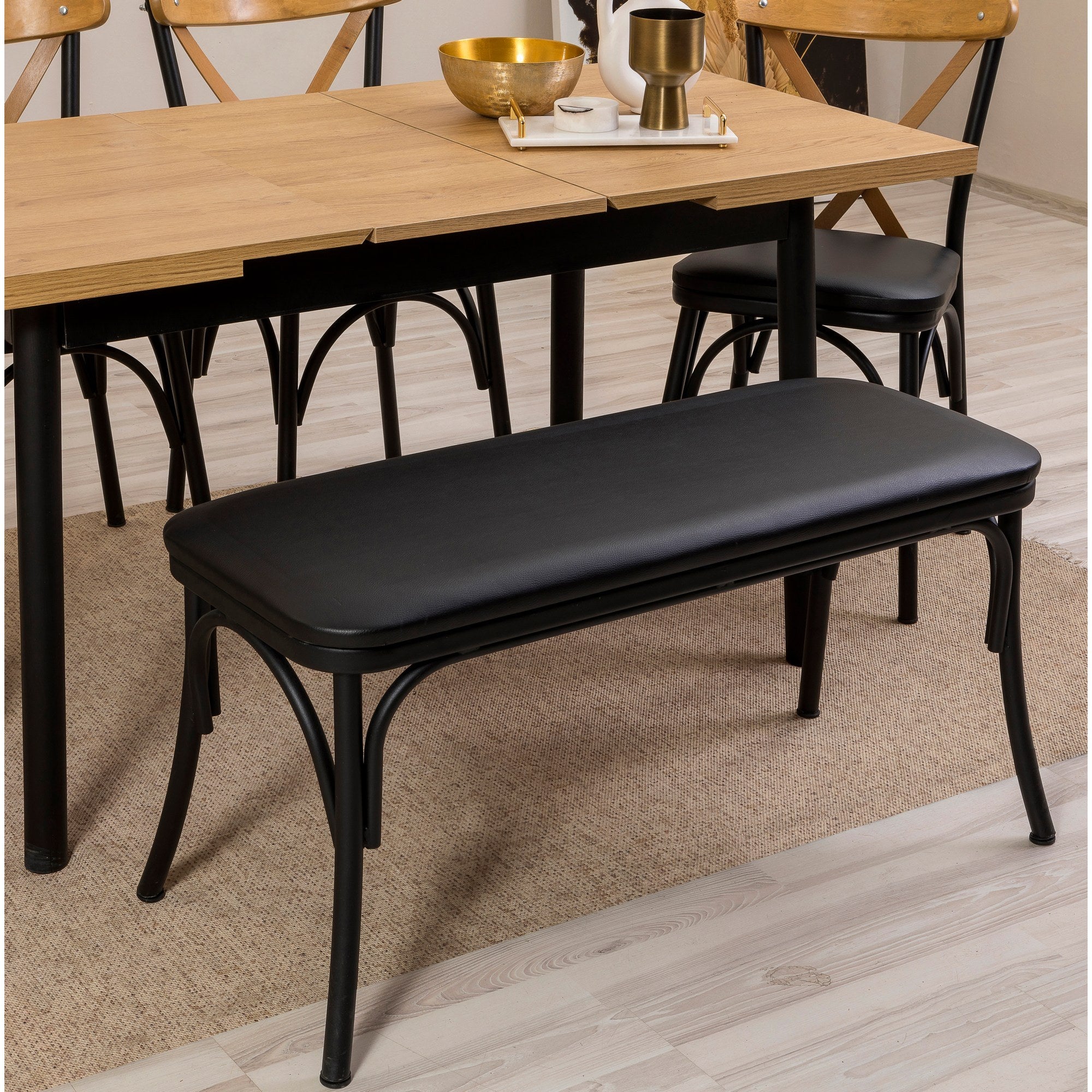 Conjunto de mesa de jantar extensível e cadeiras (6 peças), preto, 120-153 x 75 x 77 cm | 100% revestido em melamina, tecido couro sintético, pernas de madeira de faia | Elegante e funcional para refeições modernas