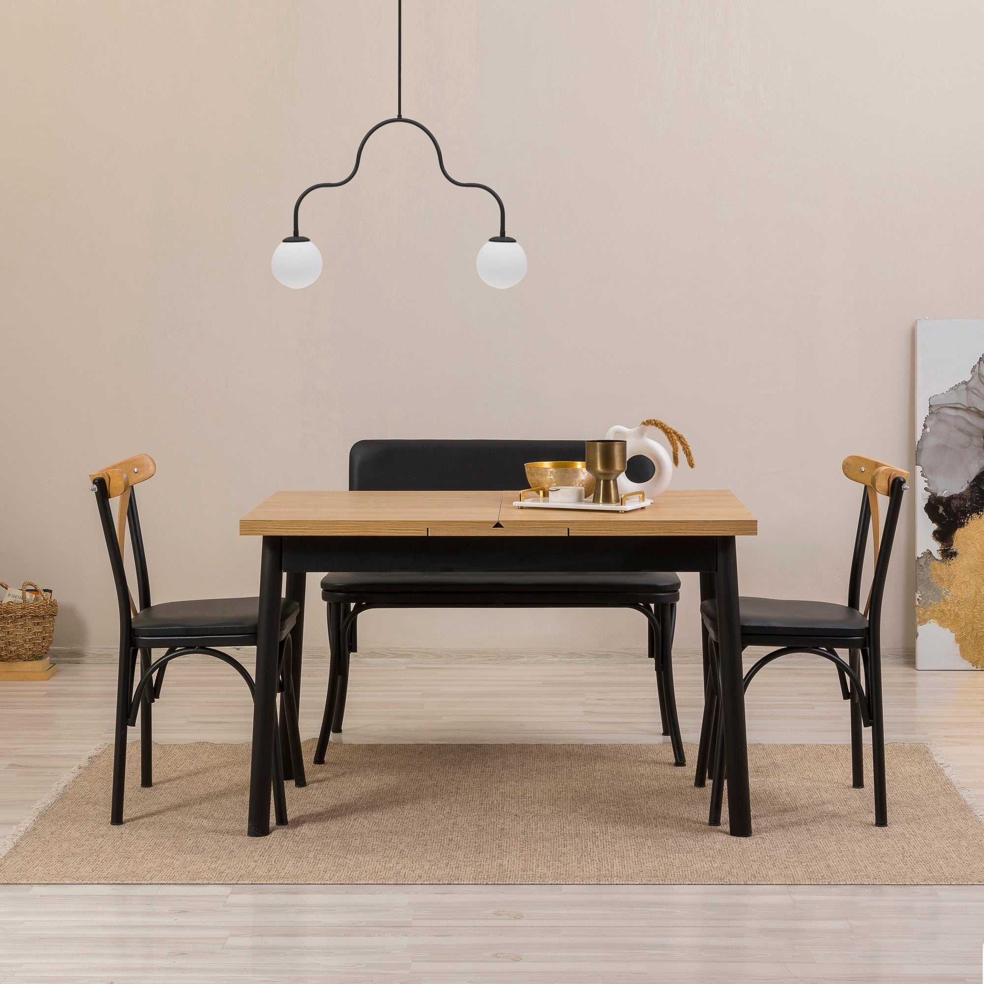Conjunto de mesa de jantar extensível e cadeiras (4 peças), preto, 120-155 cm | Painel de partículas 100% revestido de melamina, cadeiras de couro sintético | Elegante e funcional para espaços de jantar modernos