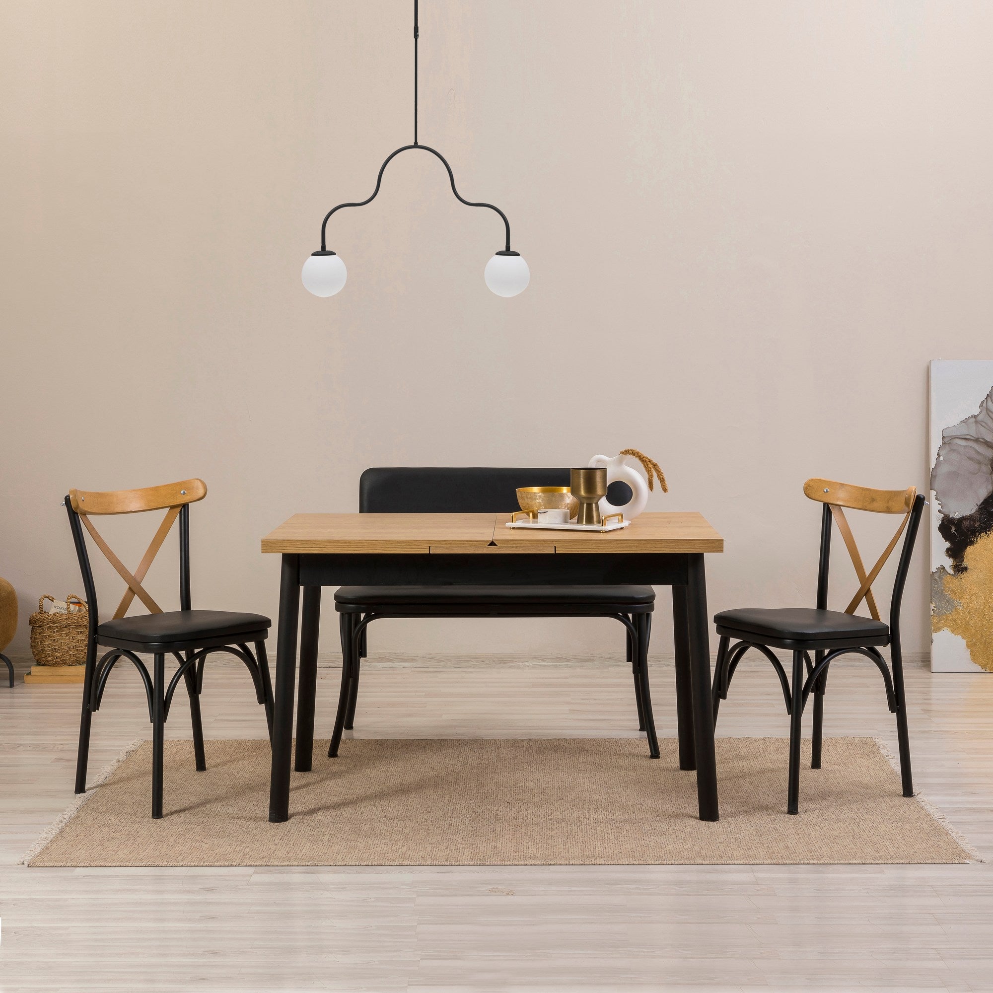 Conjunto de mesa de jantar extensível e cadeiras (4 peças), preto, 120-155 cm | Painel de partículas 100% revestido de melamina, cadeiras de couro sintético | Elegante e funcional para espaços de jantar modernos