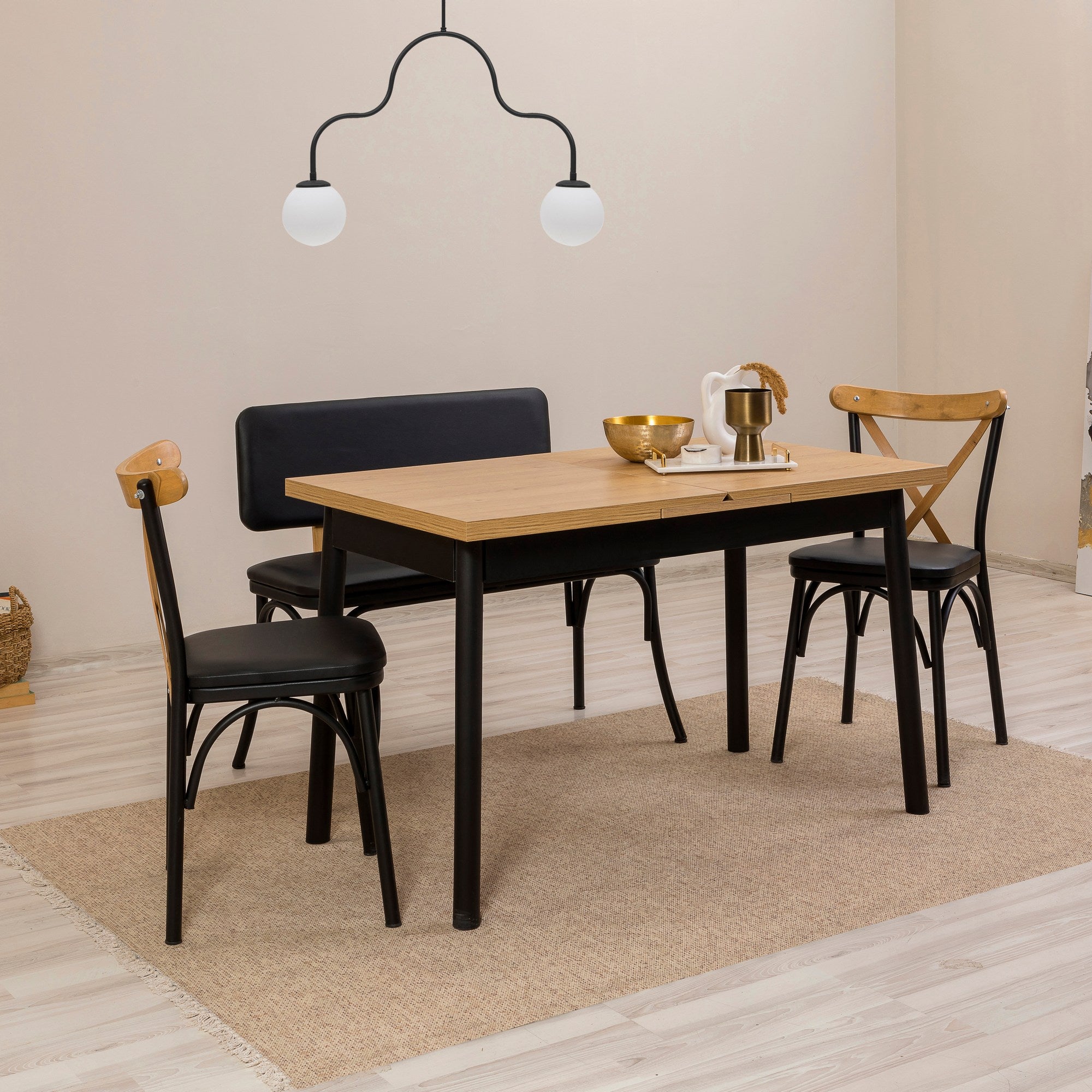 Conjunto de mesa de jantar extensível e cadeiras (4 peças), preto, 120-155 cm | Painel de partículas 100% revestido de melamina, cadeiras de couro sintético | Elegante e funcional para espaços de jantar modernos