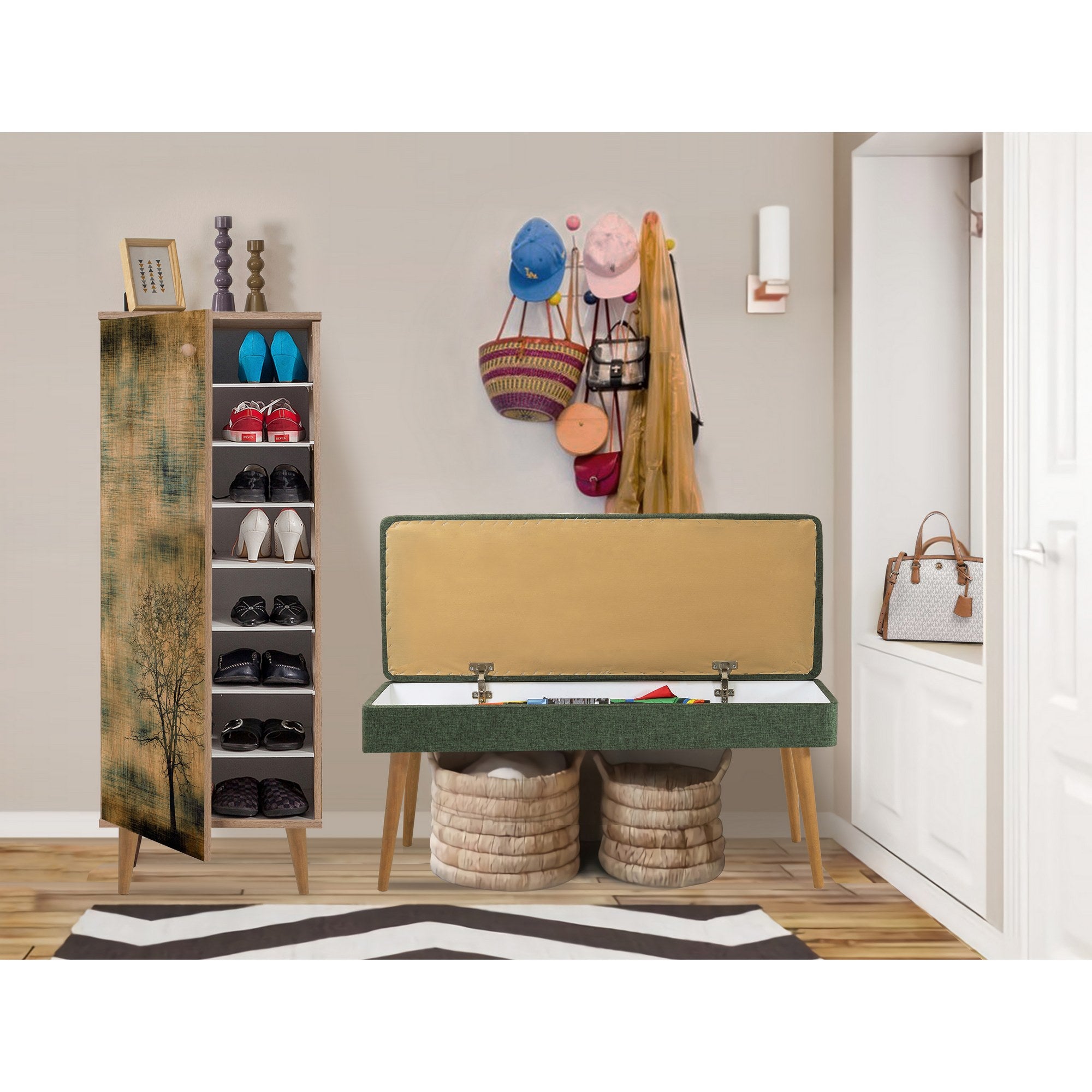 Conjunto de móveis elegantes para corredor, 100% aglomerado revestido em melamina, pernas de madeira | Sapateira (50x135x38 cm) e banco (105x50x40 cm) | Design elegante e ecológico da Sonomo
