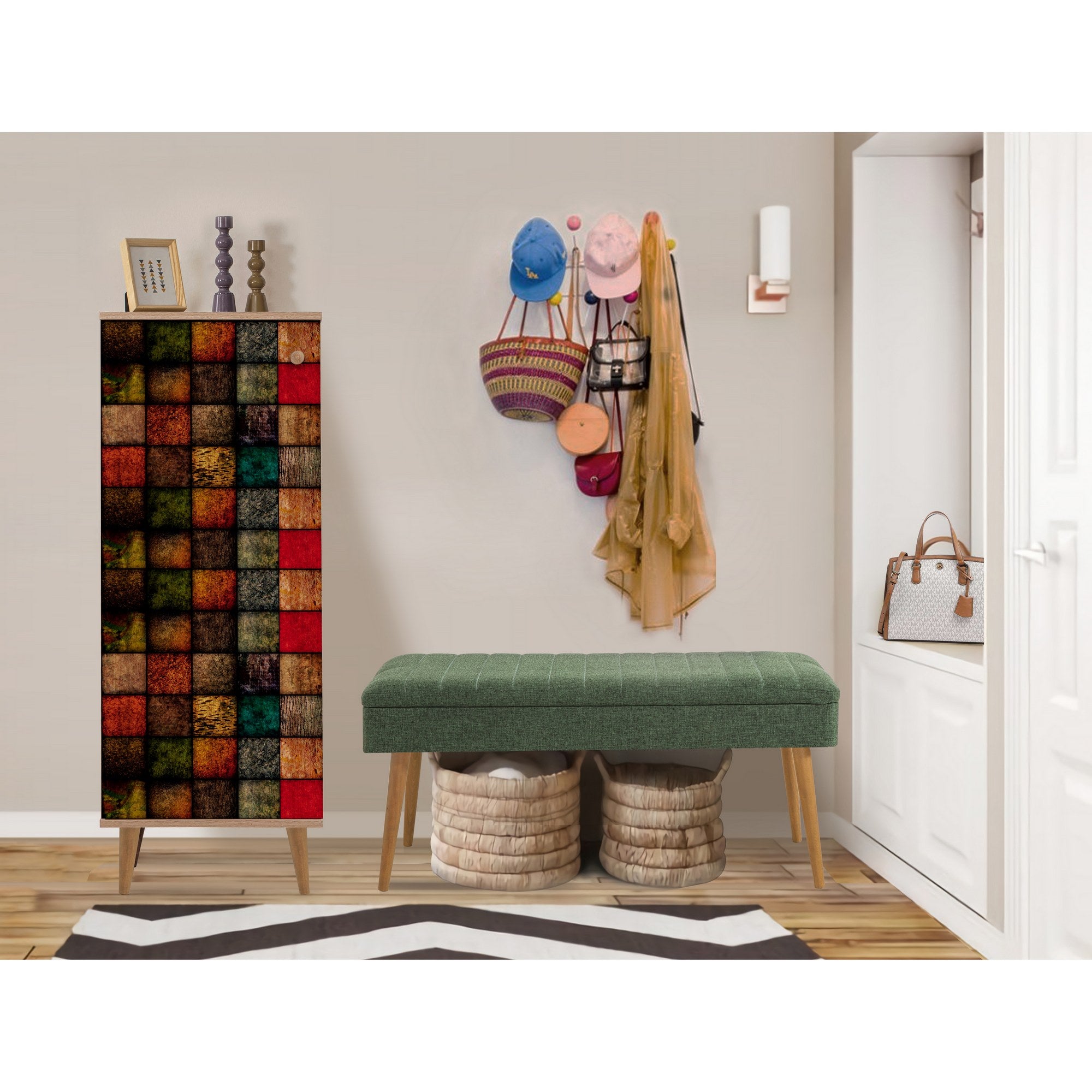 Conjunto de móveis elegantes para corredor, 100% aglomerado revestido em melamina, pernas de madeira | Sapateira (50x135x38 cm) e banco (105x50x40 cm) | Design elegante e ecológico da Sonomo