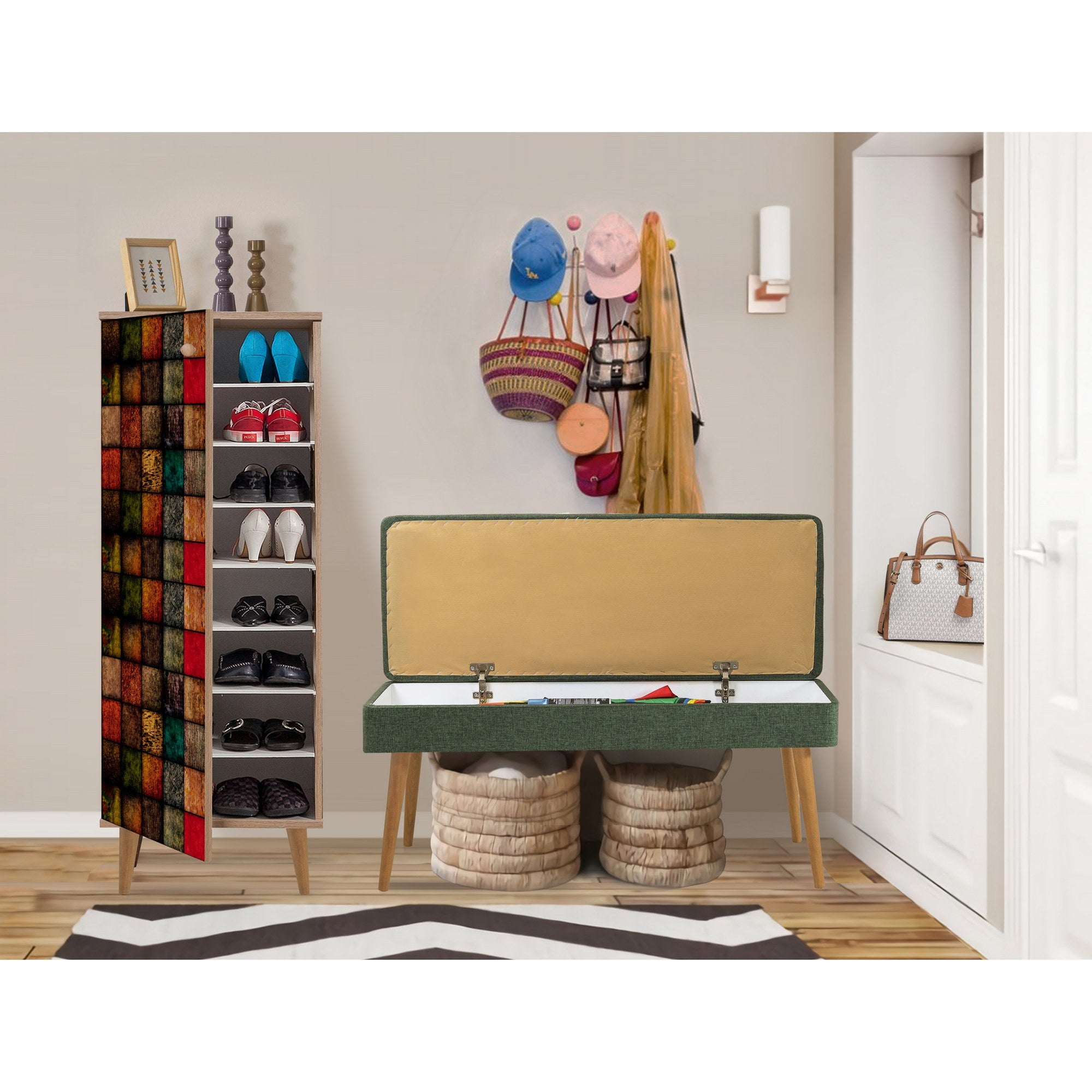 Conjunto de móveis elegantes para corredor, 100% aglomerado revestido em melamina, pernas de madeira | Sapateira (50x135x38 cm) e banco (105x50x40 cm) | Design elegante e ecológico da Sonomo
