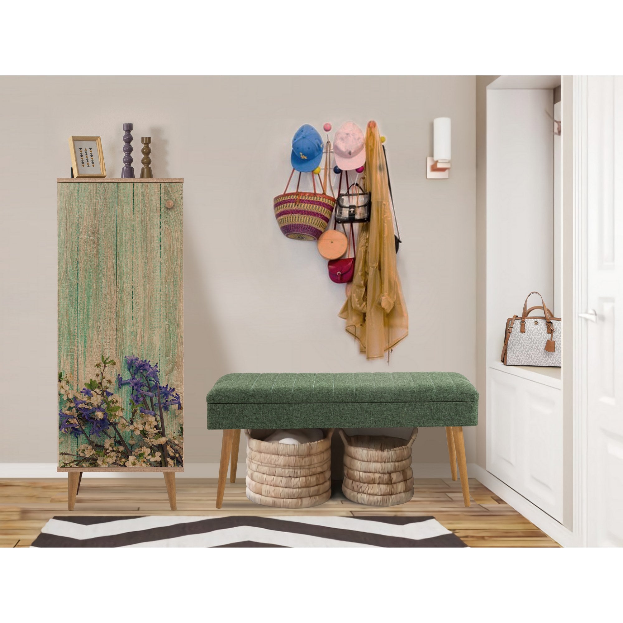 Conjunto de móveis elegantes para corredor, 100% aglomerado revestido em melamina, pernas de madeira | Sapateira (50x135x38 cm) e banco (105x50x40 cm) | Design elegante e ecológico da Sonomo