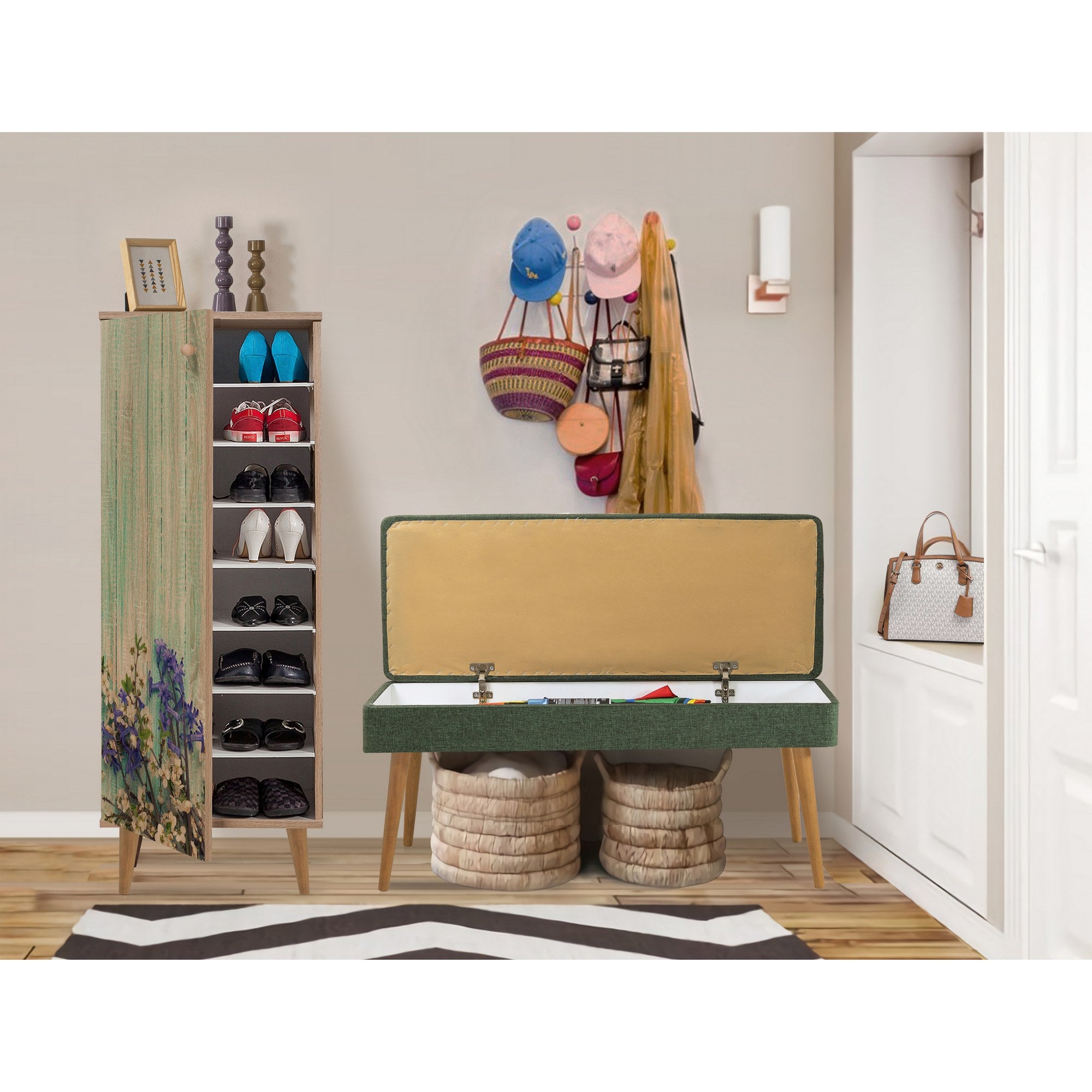 Conjunto de móveis elegantes para corredor, 100% aglomerado revestido em melamina, pernas de madeira | Sapateira (50x135x38 cm) e banco (105x50x40 cm) | Design elegante e ecológico da Sonomo