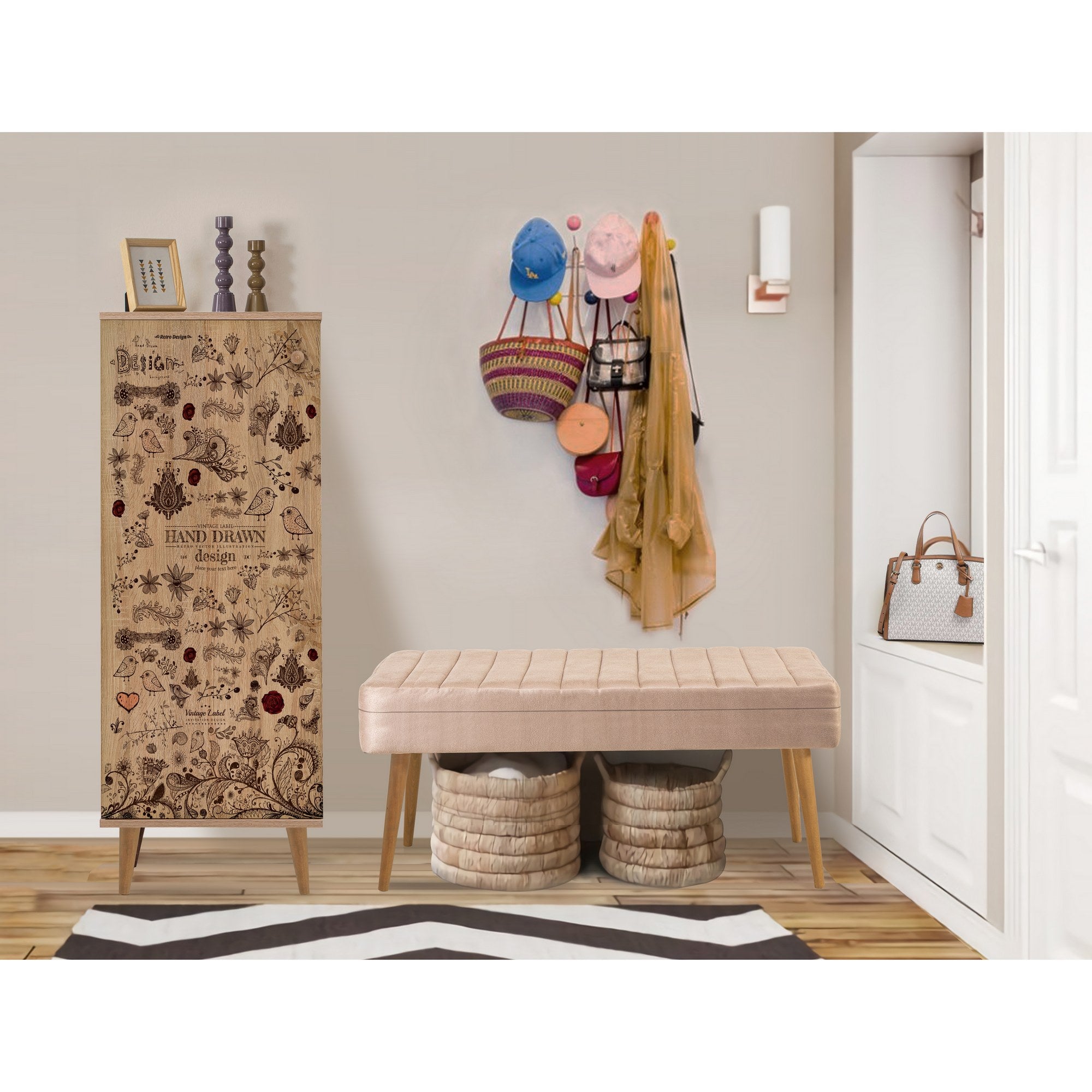 Conjunto elegante de móveis para corredor, 100% aglomerado revestido em melamina, pernas de madeira, banco e sapateira de veludo, cores Sonomo e pedra | Perfeito para entradas