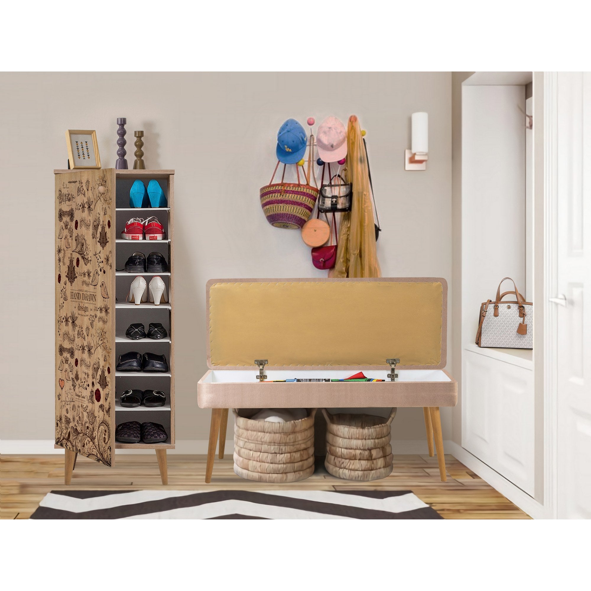Conjunto elegante de móveis para corredor, 100% aglomerado revestido em melamina, pernas de madeira, banco e sapateira de veludo, cores Sonomo e pedra | Perfeito para entradas