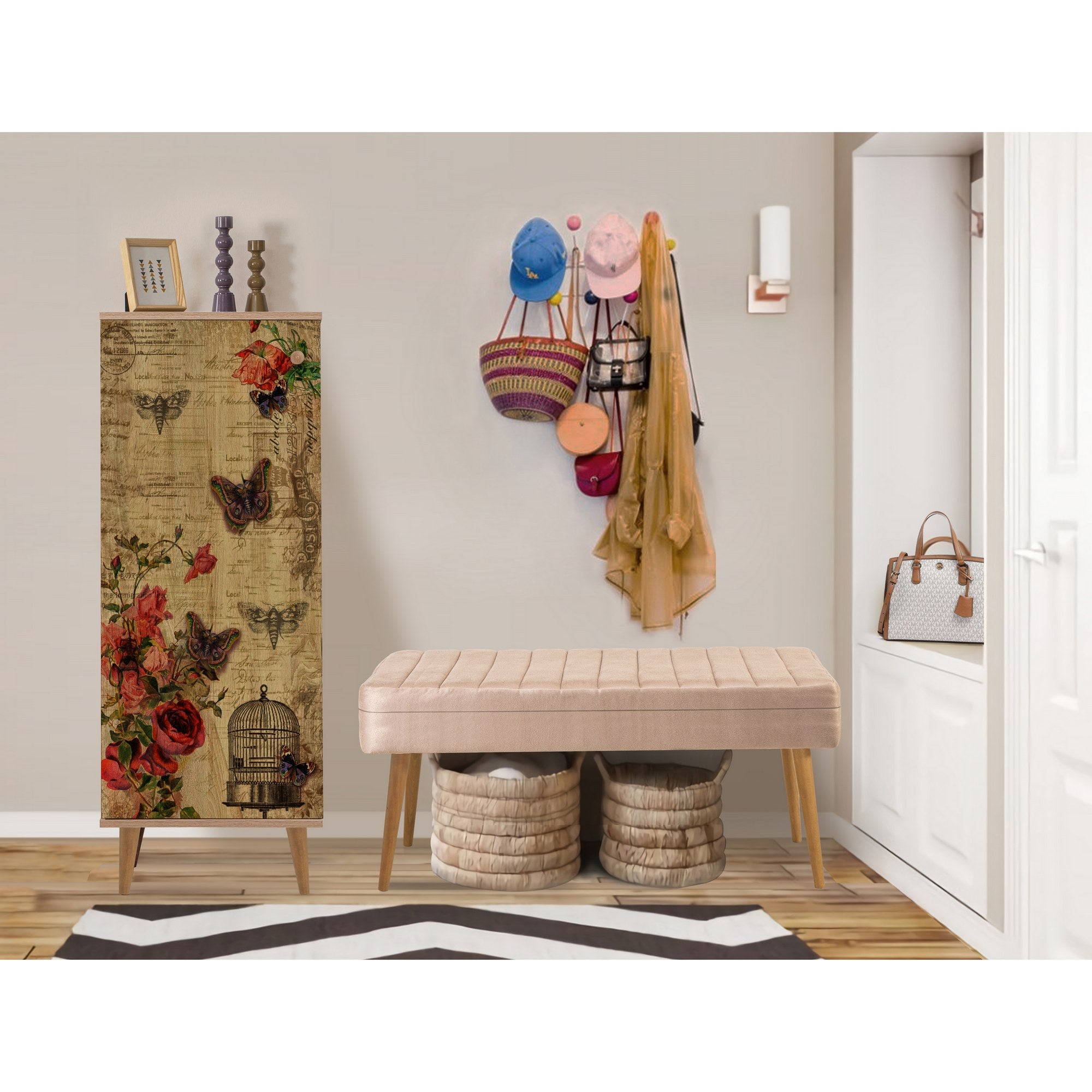 Conjunto elegante de móveis para corredor, 100% aglomerado revestido em melamina, pernas de madeira, banco e sapateira de veludo, cores Sonomo e pedra | Perfeito para entradas