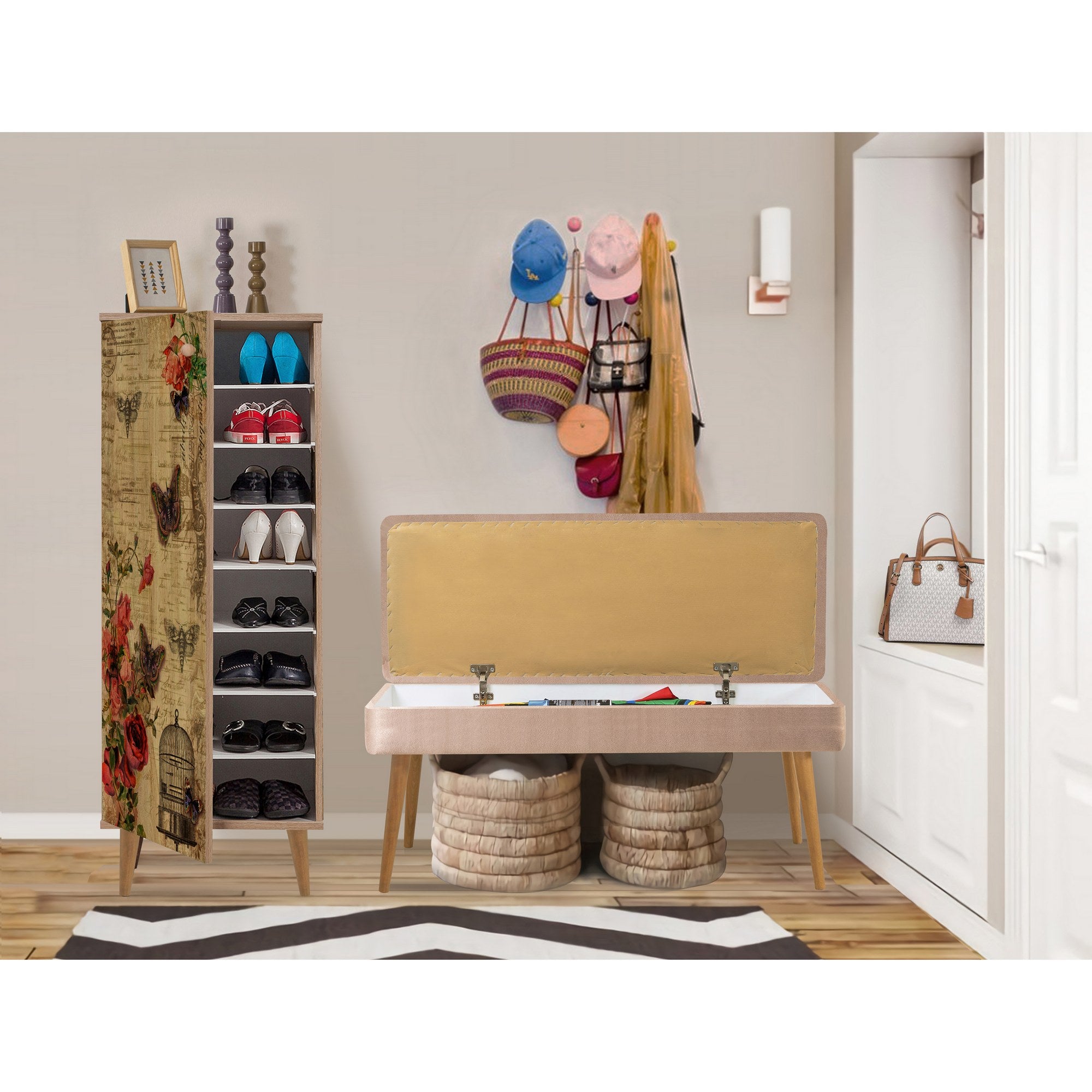 Conjunto elegante de móveis para corredor, 100% aglomerado revestido em melamina, pernas de madeira, banco e sapateira de veludo, cores Sonomo e pedra | Perfeito para entradas