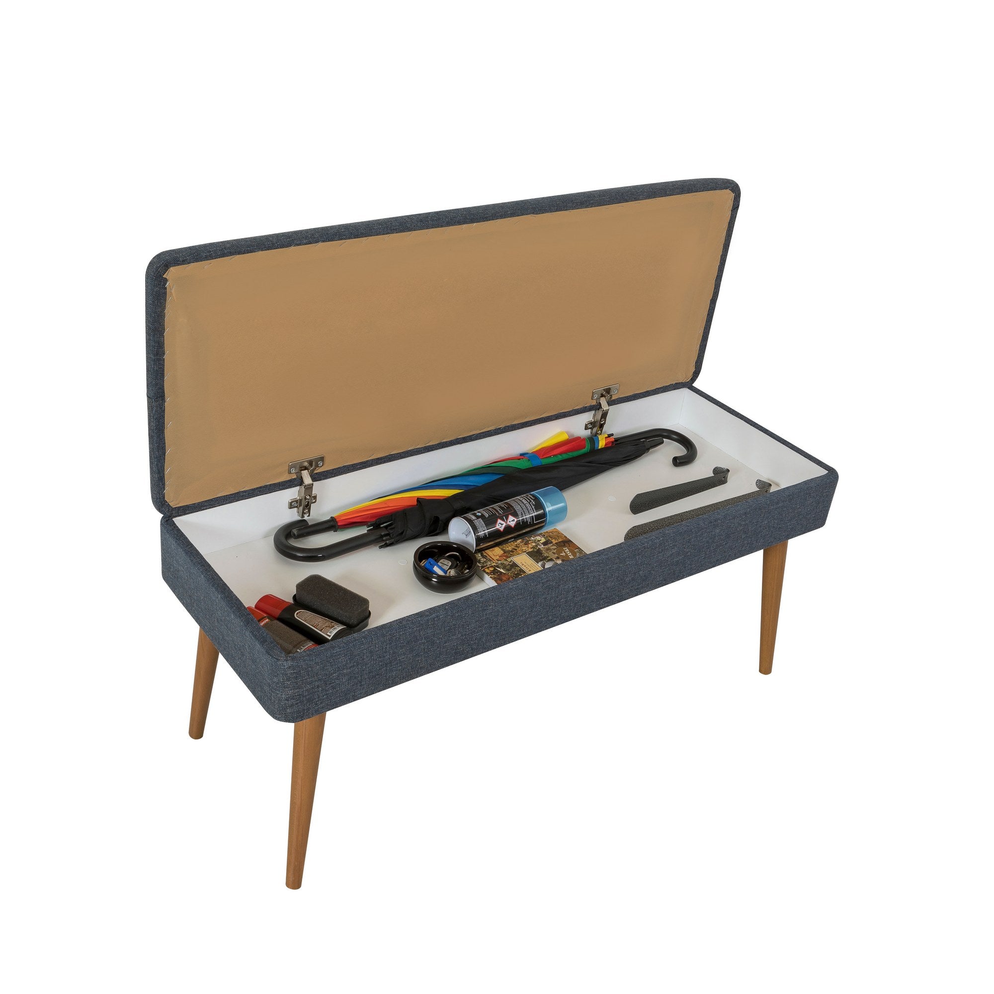 Conjunto de móveis elegantes para corredor, 100% aglomerado revestido em melamina, 18 mm de espessura, pernas de madeira, sapateira e banco, Sonomo e azul escuro, perfeito para entradas