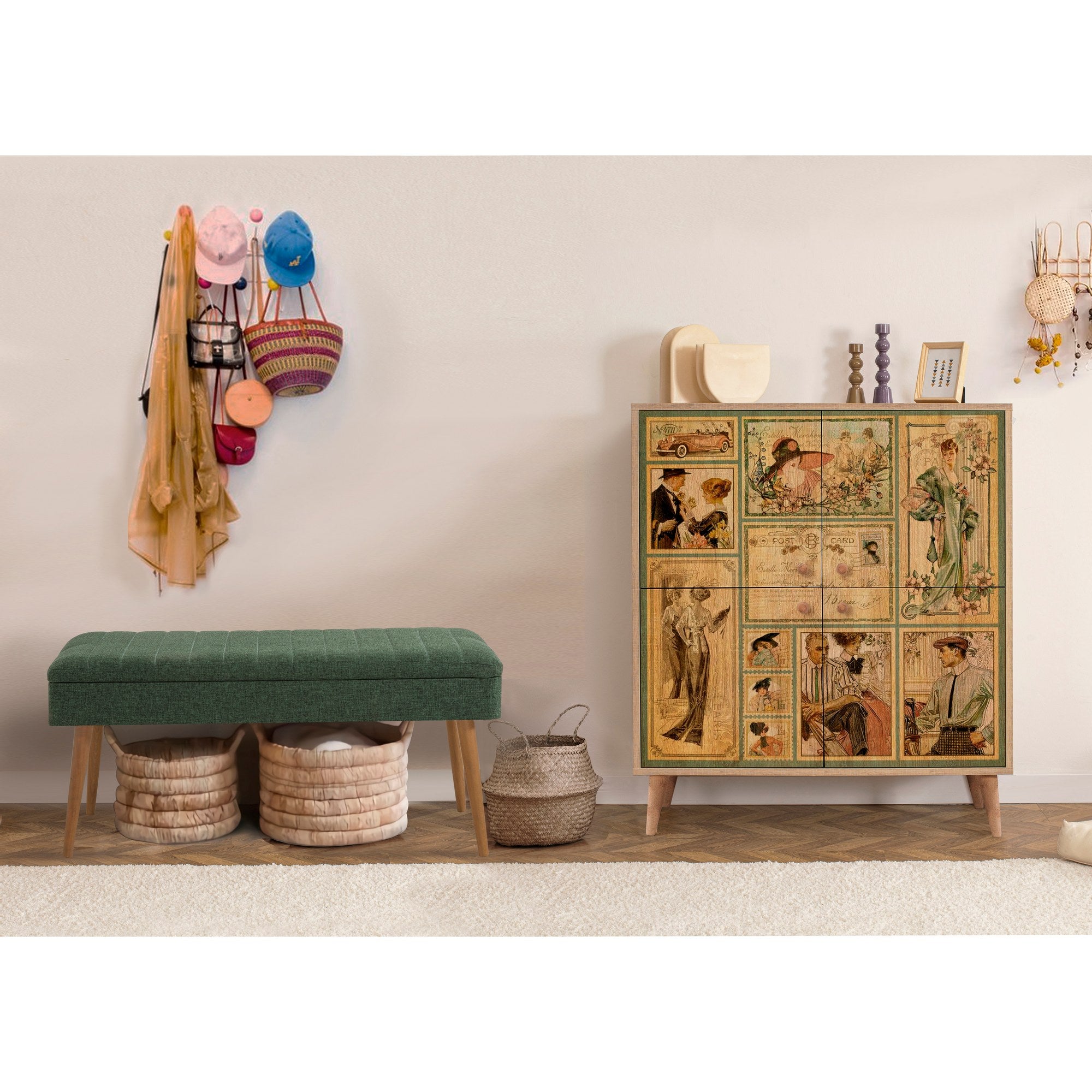 Conjunto de móveis elegantes para corredor, 100% aglomerado revestido em melamina, pernas de madeira, sapateira e banco, Sonomo e verde, perfeito para decoração de entrada